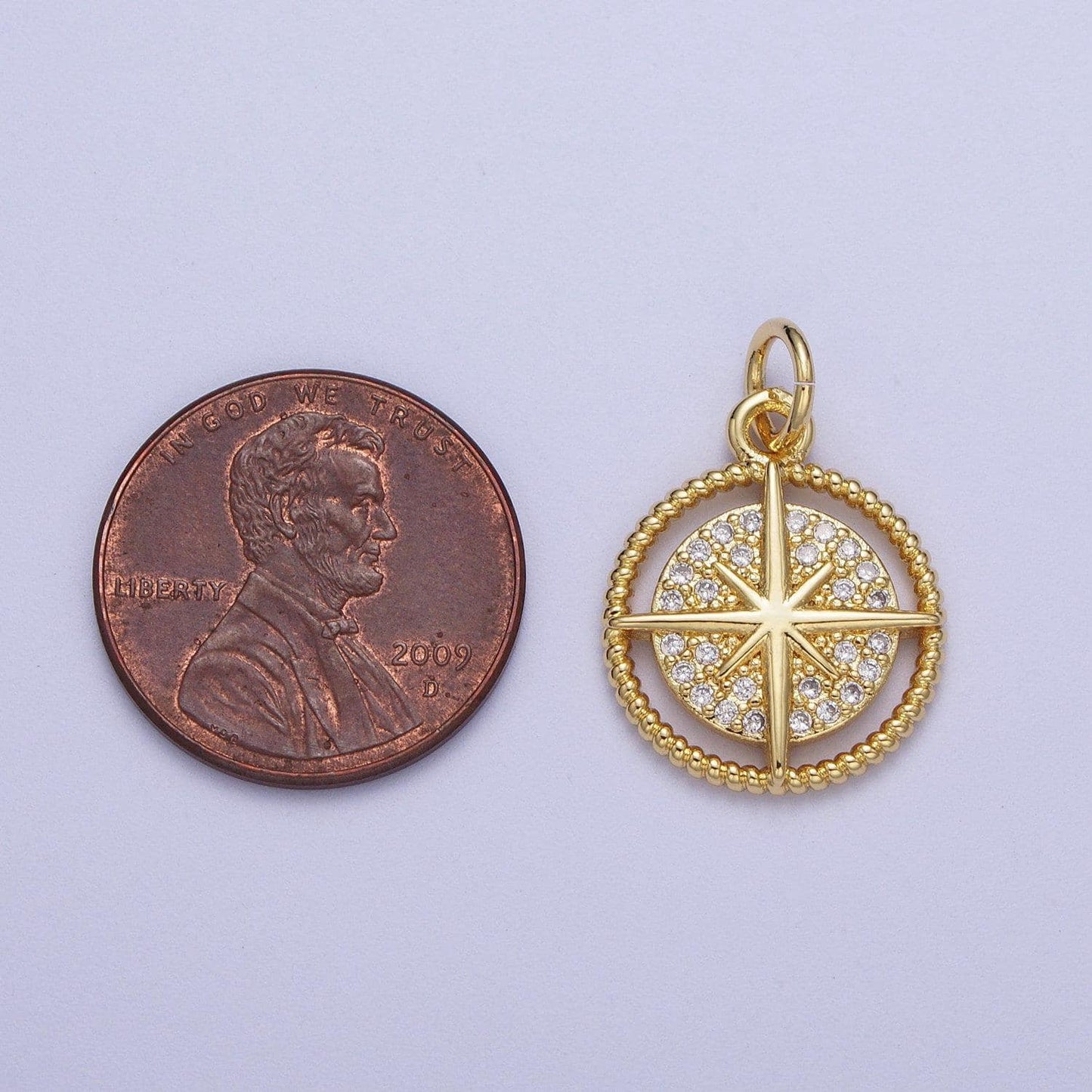Gold north star compass pendant, 24k gold plated croissant twist edge micro paved clear cz north star compass medallion charm | x-730