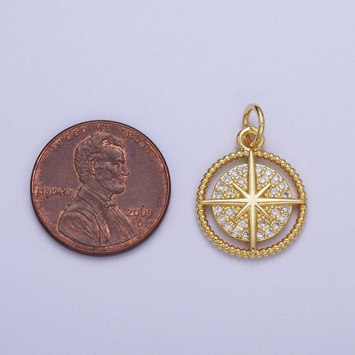 Gold north star compass pendant, 24k gold plated croissant twist edge micro paved clear cz north star compass medallion charm | x-730