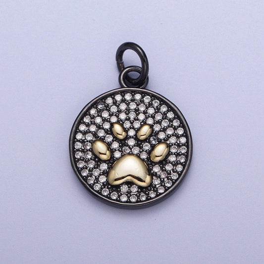 Black cz gold pet paw coin medallion pendant, gunmetal micro paved clear cz w. gold dog cat paw round charm | x-728