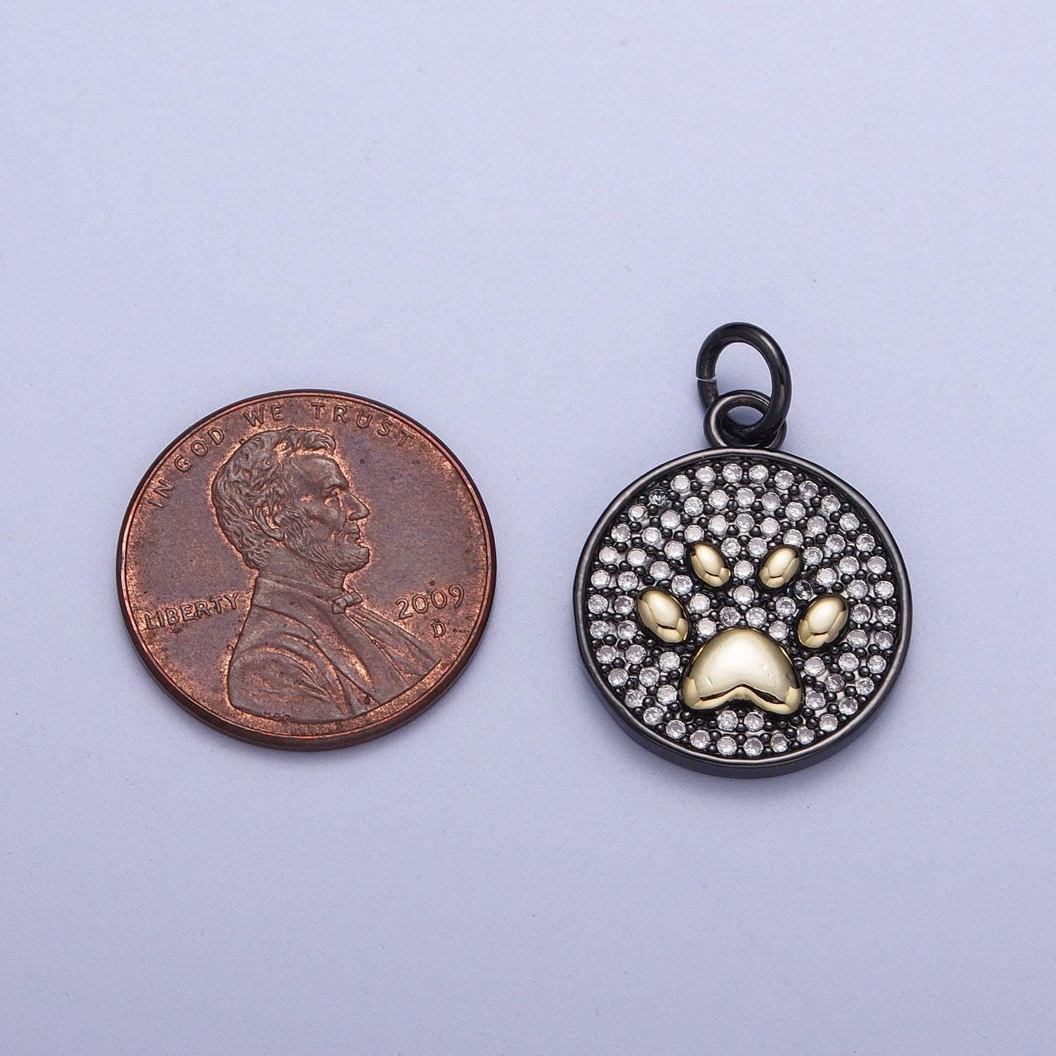 Black cz gold pet paw coin medallion pendant, gunmetal micro paved clear cz w. gold dog cat paw round charm | x-728