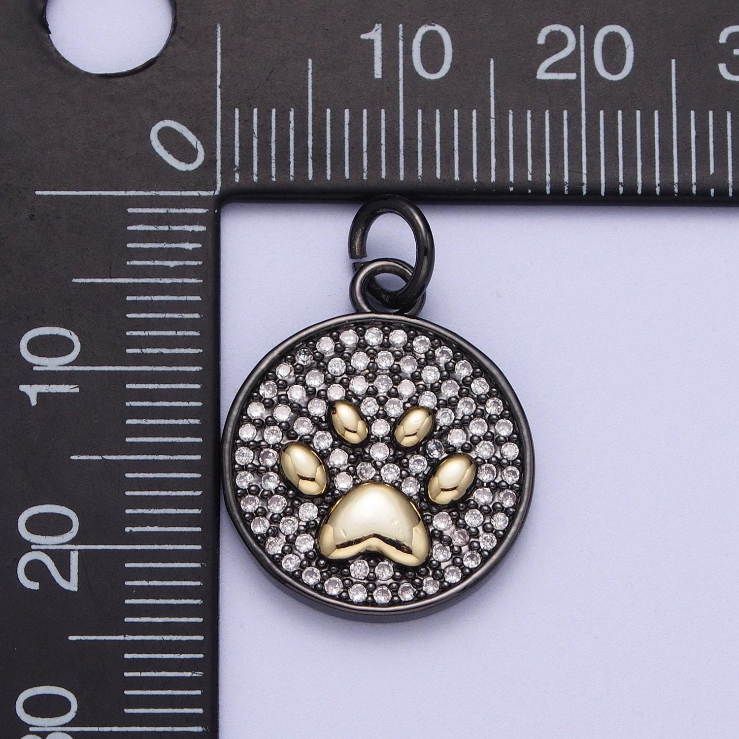 Black cz gold pet paw coin medallion pendant, gunmetal micro paved clear cz w. gold dog cat paw round charm | x-728