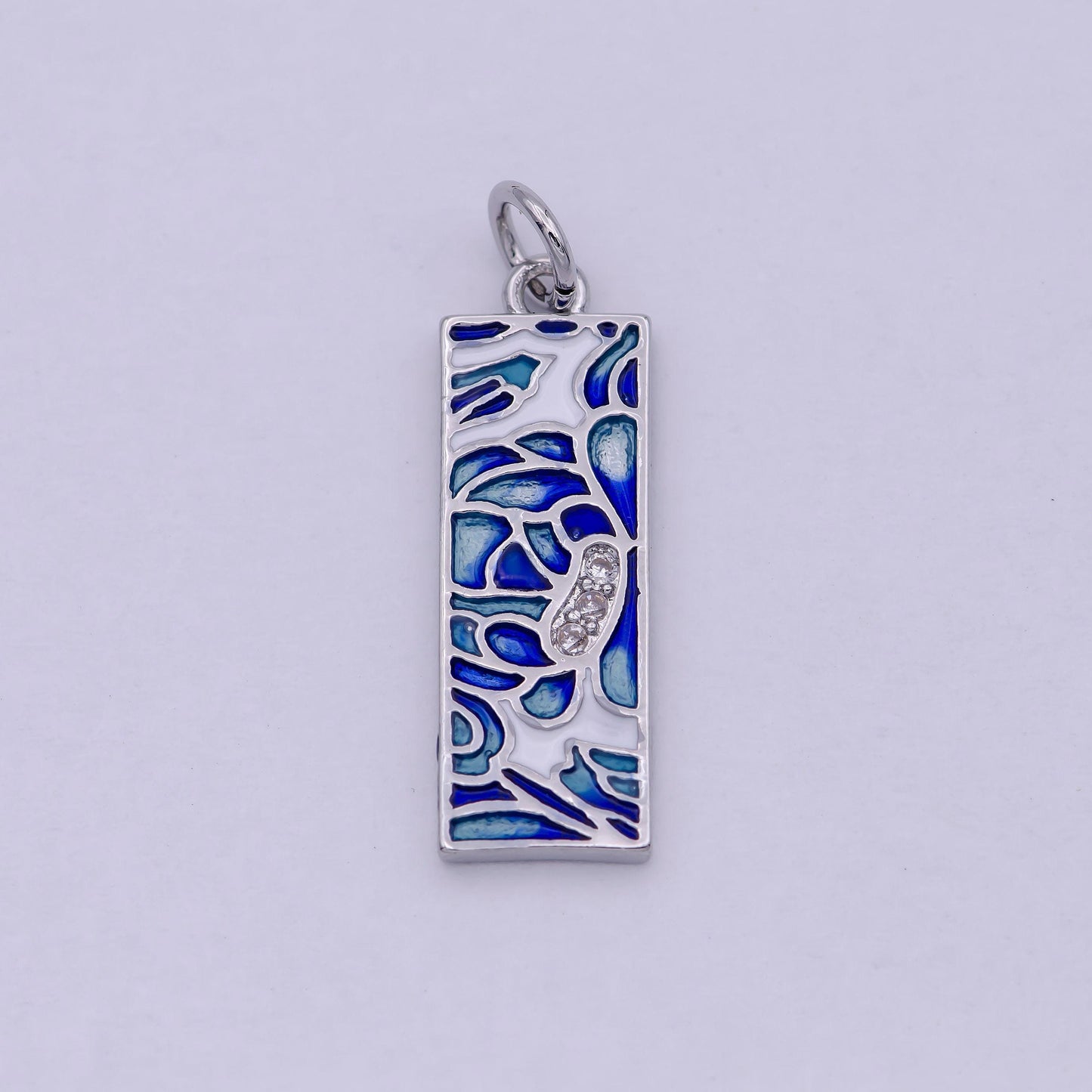 Small silver tag blue enamel leaf flower patterned charm w/ micro cz pave stained glass style pendant diy fashion jewelry | c-331