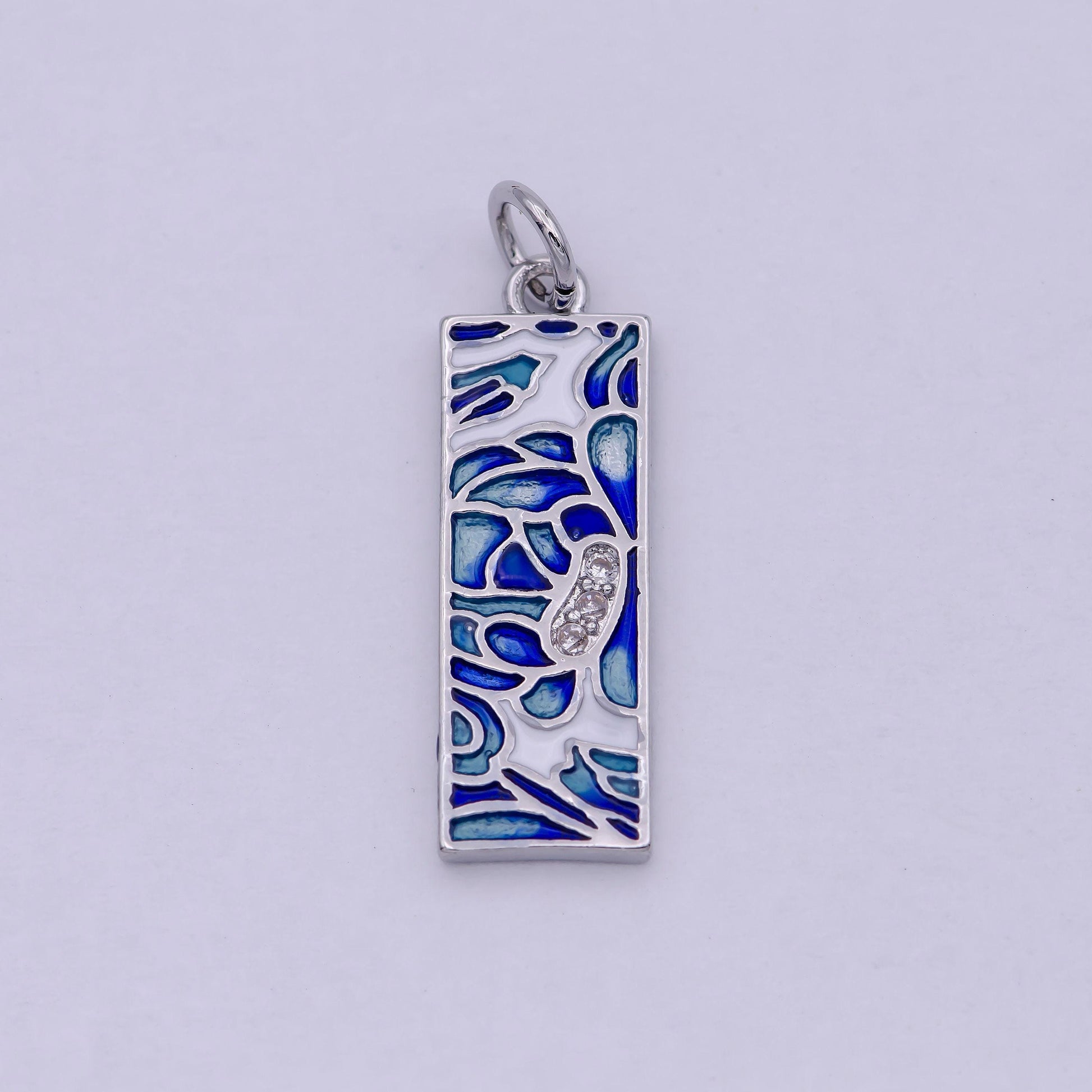 Small silver tag blue enamel leaf flower patterned charm w/ micro cz pave stained glass style pendant diy fashion jewelry | c-331