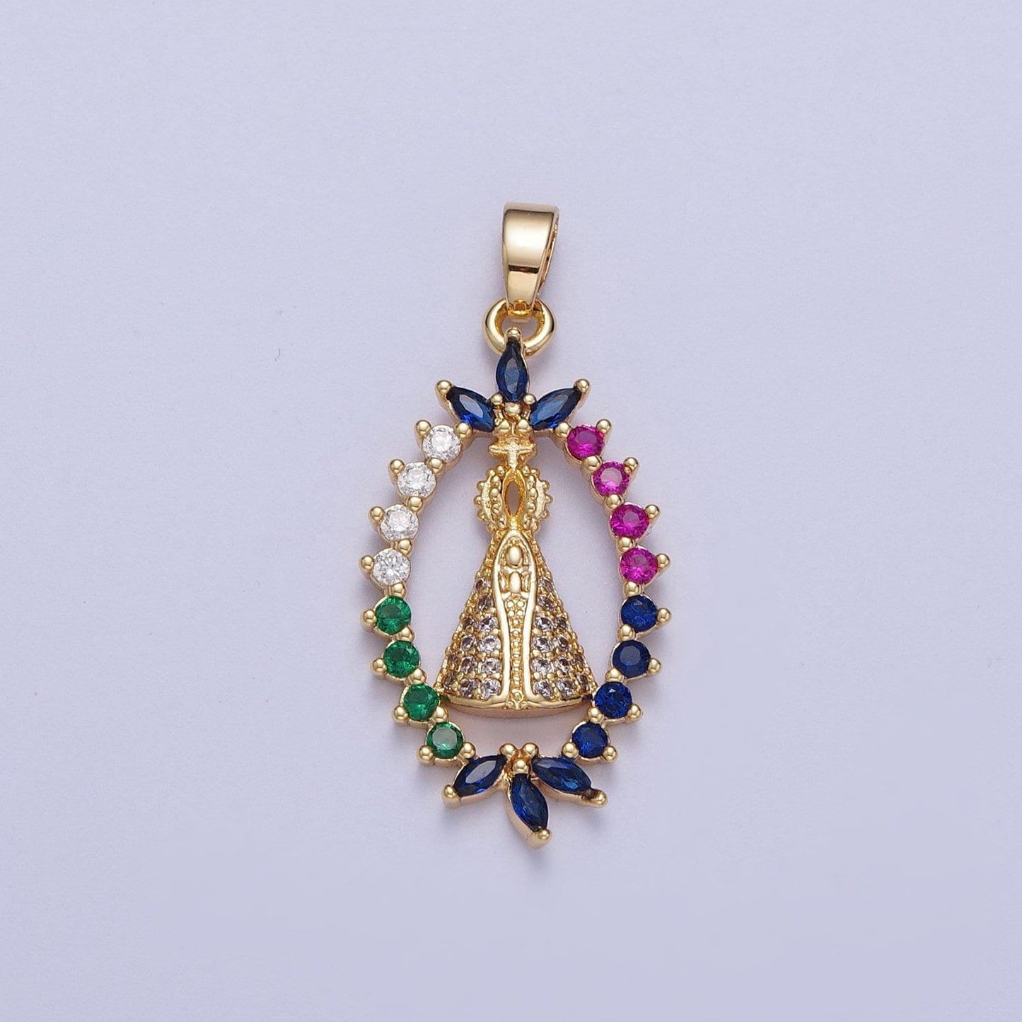 Gold cz religious nossa senhora aparecida pendant 24k gold plated micro paved marquise cut colorful cz religious cross | x-699