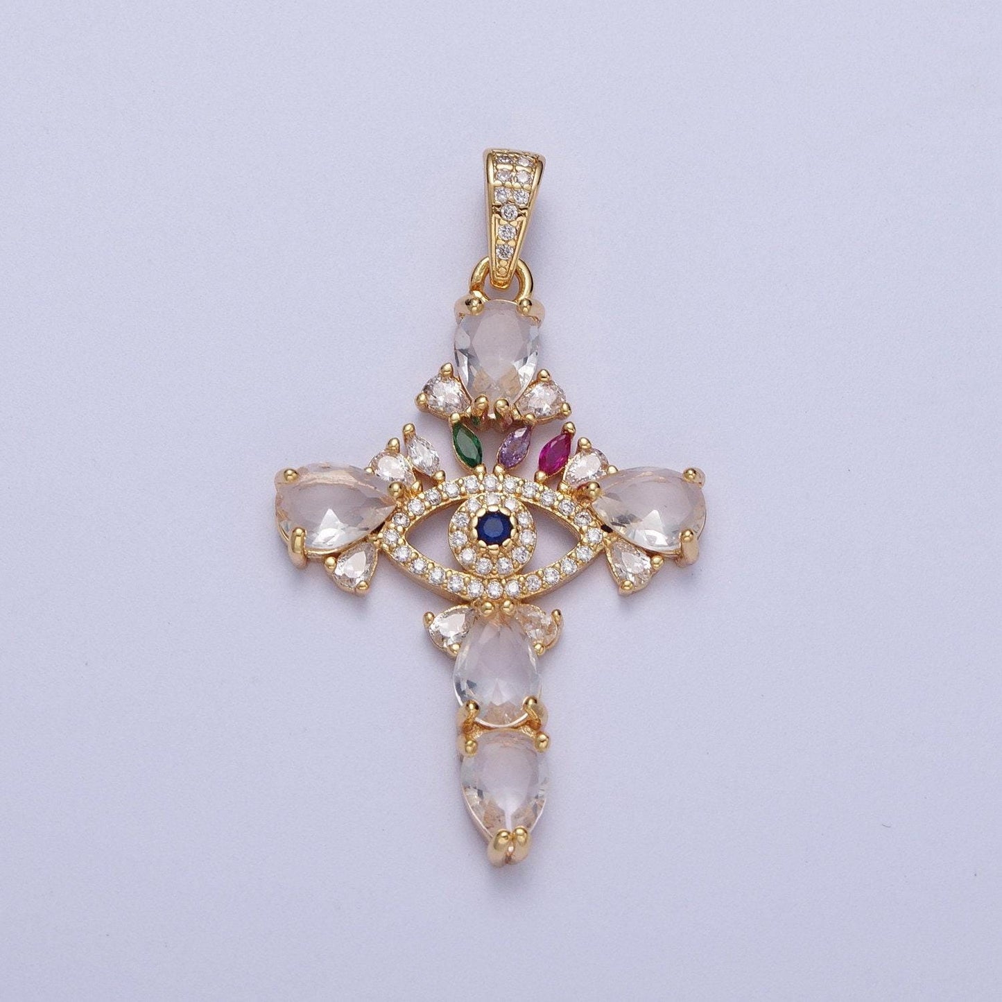 Gold cz crystals evil eye cross pendant, 24k gold filled marquise diamonds colorful micro paved cz eye of ra religious cross charm | x-698