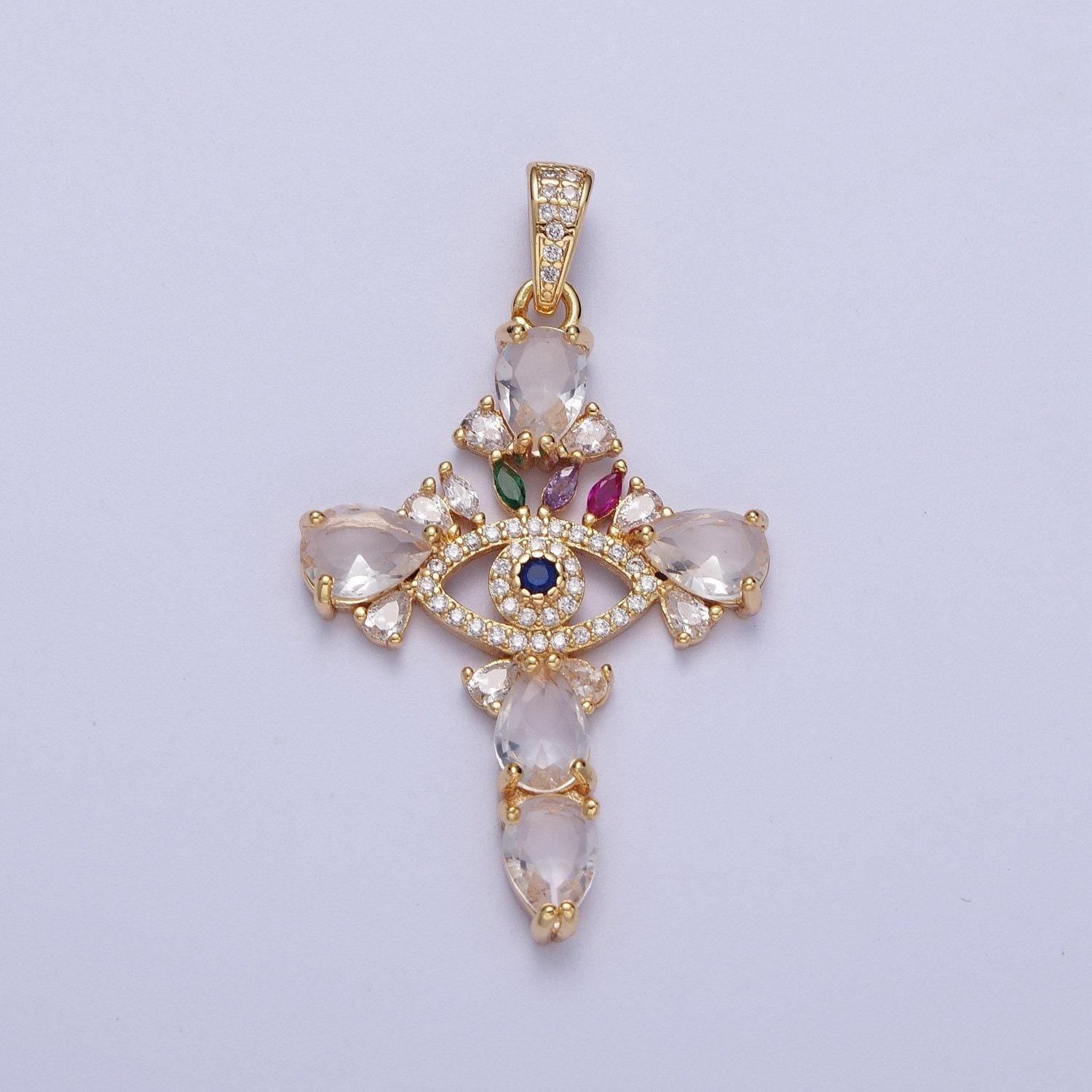 Gold cz crystals evil eye cross pendant, 24k gold filled marquise diamonds colorful micro paved cz eye of ra religious cross charm | x-698