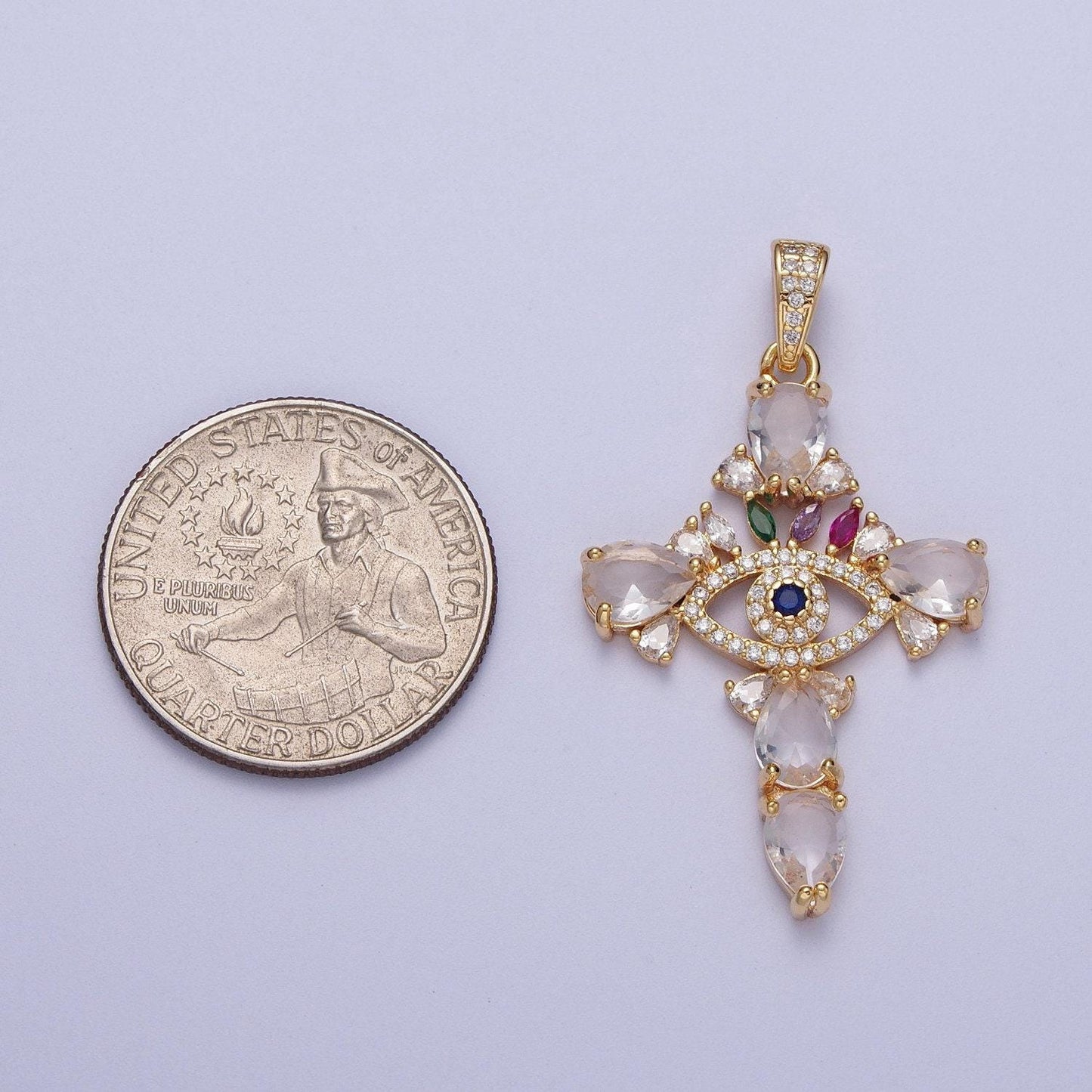 Gold cz crystals evil eye cross pendant, 24k gold filled marquise diamonds colorful micro paved cz eye of ra religious cross charm | x-698