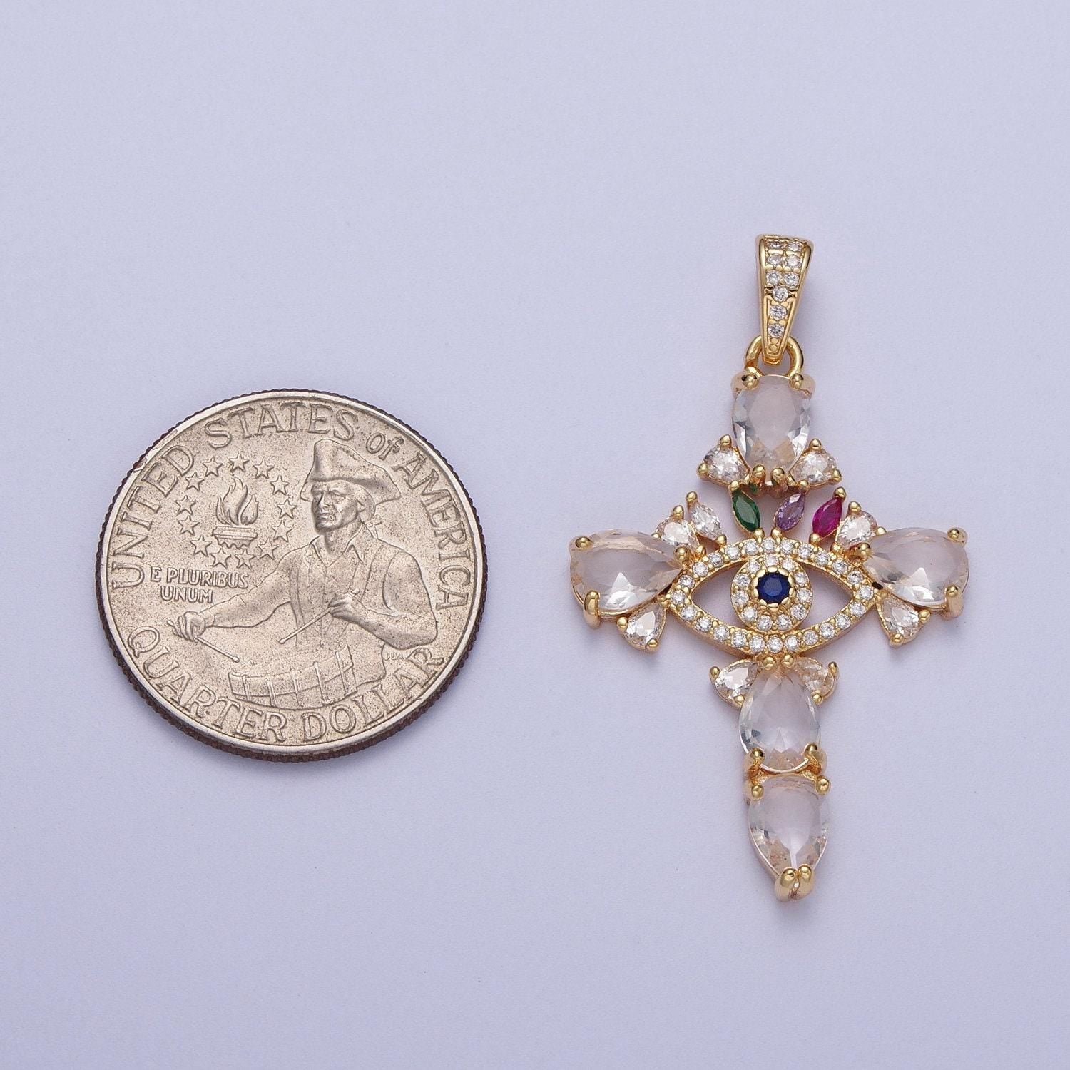 Gold cz crystals evil eye cross pendant, 24k gold filled marquise diamonds colorful micro paved cz eye of ra religious cross charm | x-698
