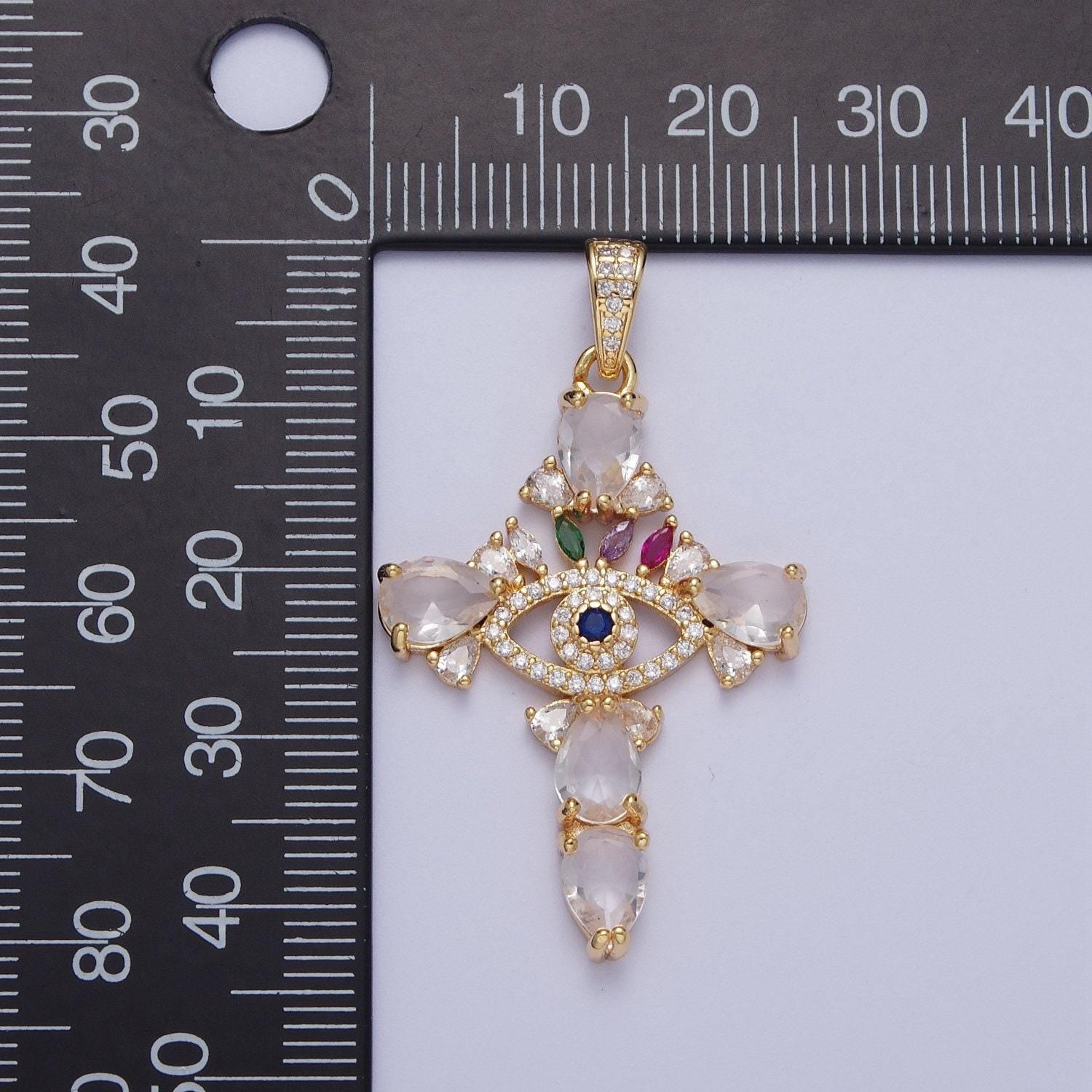 Gold cz crystals evil eye cross pendant, 24k gold filled marquise diamonds colorful micro paved cz eye of ra religious cross charm | x-698
