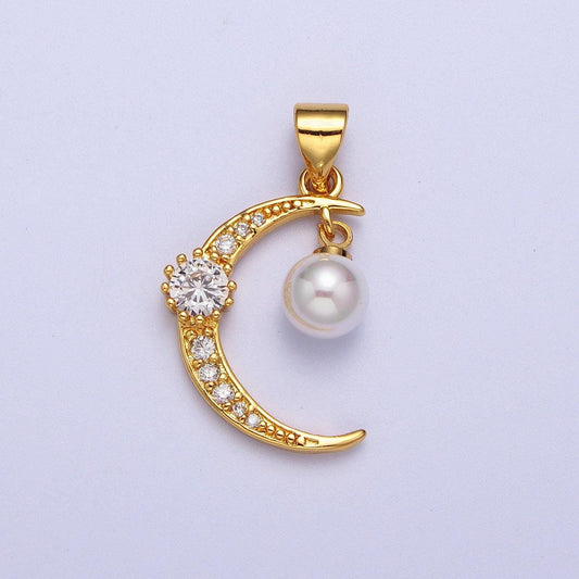 Gold cz pearl crescent pendant, 24k gold plated clear micro paved cz stones and mother of pearl moon celestial charm | x-697