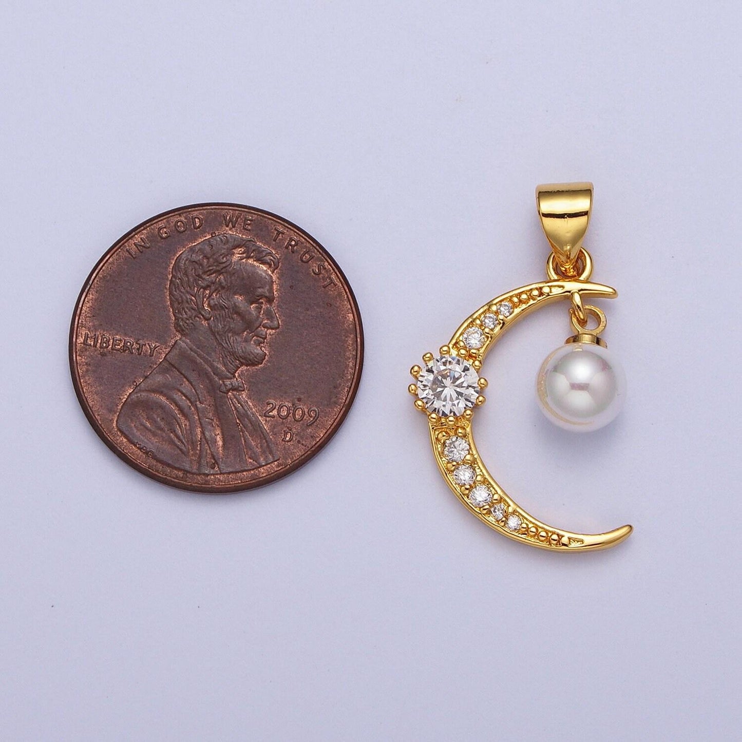 Gold cz pearl crescent pendant, 24k gold plated clear micro paved cz stones and mother of pearl moon celestial charm | x-697