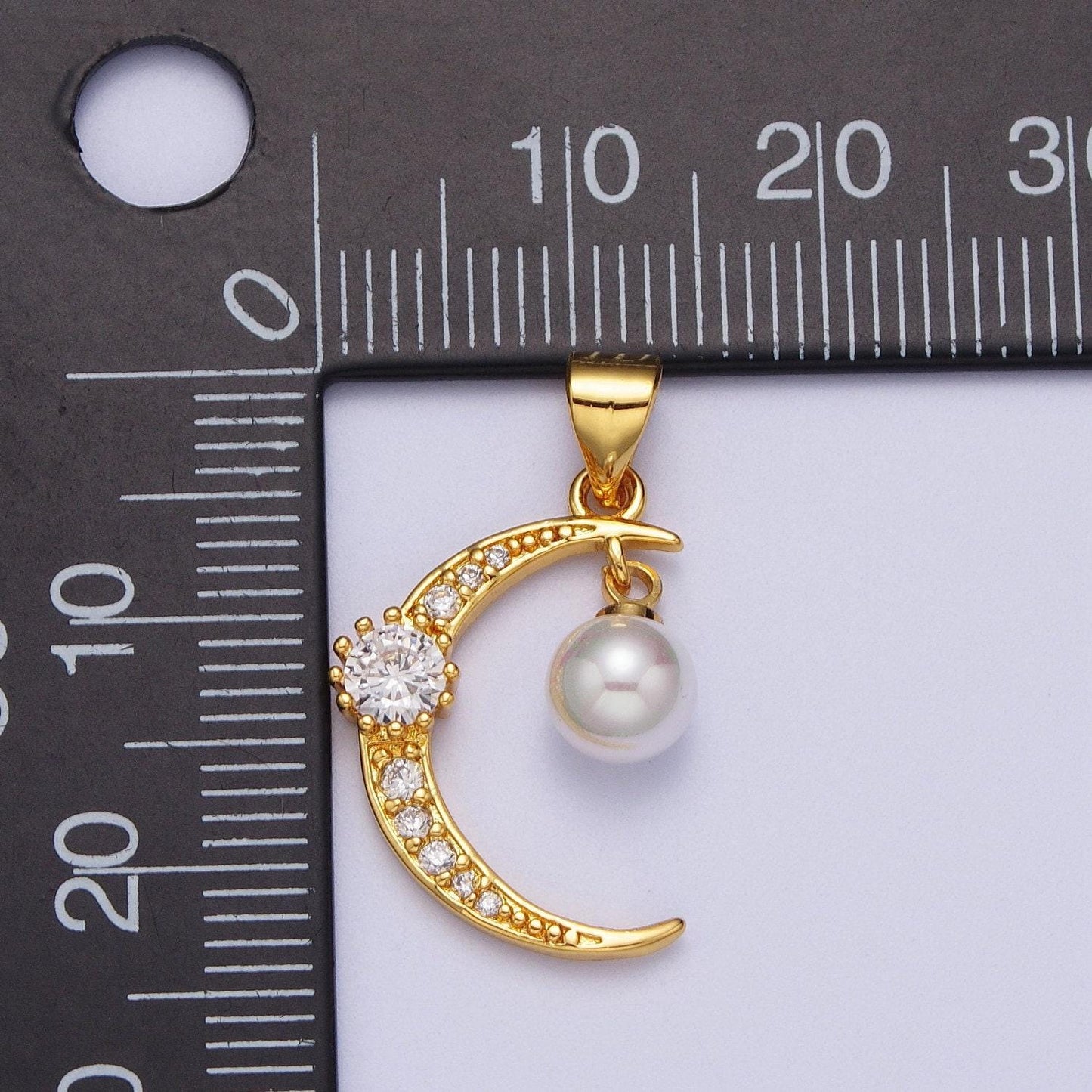 Gold cz pearl crescent pendant, 24k gold plated clear micro paved cz stones and mother of pearl moon celestial charm | x-697