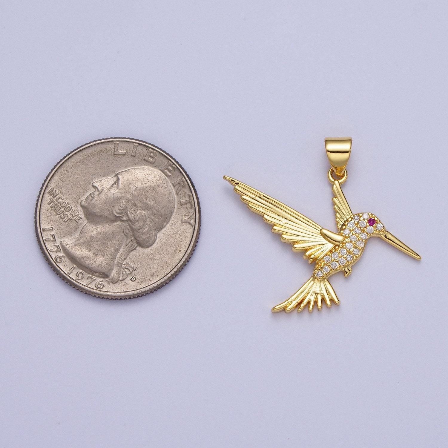 Gold cz flying white stork pendant, 24k gold filled fuchsia eyed clear micro paved cz long beak birds charm | x-684