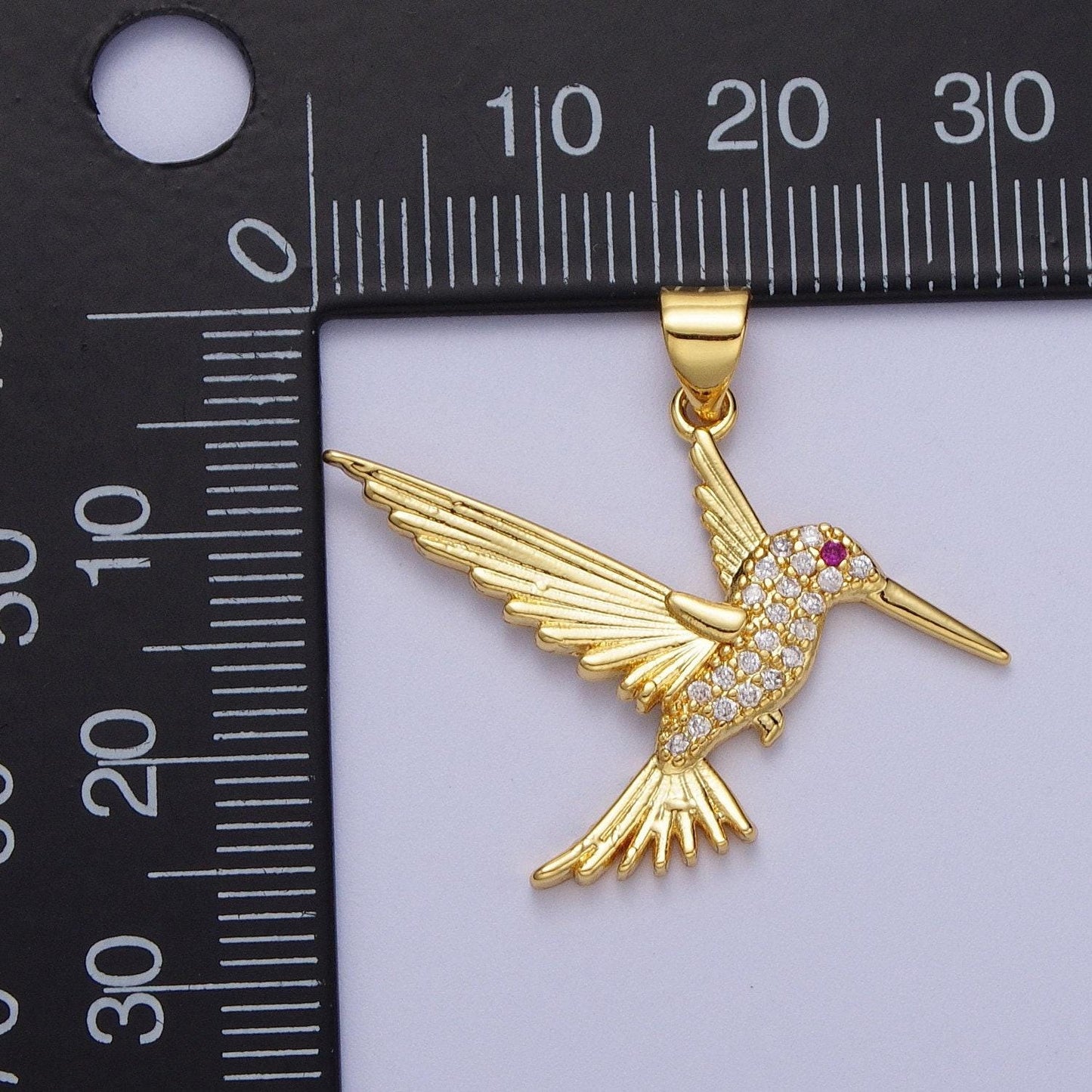 Gold cz flying white stork pendant, 24k gold filled fuchsia eyed clear micro paved cz long beak birds charm | x-684