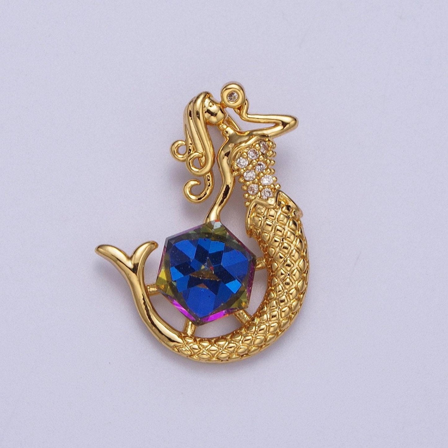 Gold cz mermaid pendant, 24k gold plated clear micro paved cz crystal meridian blue hexagon wheel mermaid blowing bubbles charm | x-677