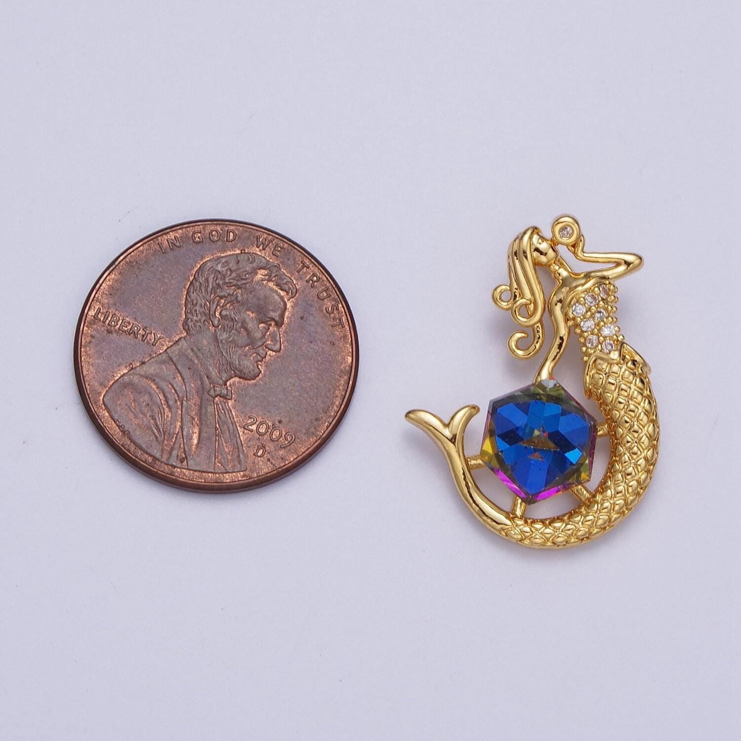 Gold cz mermaid pendant, 24k gold plated clear micro paved cz crystal meridian blue hexagon wheel mermaid blowing bubbles charm | x-677