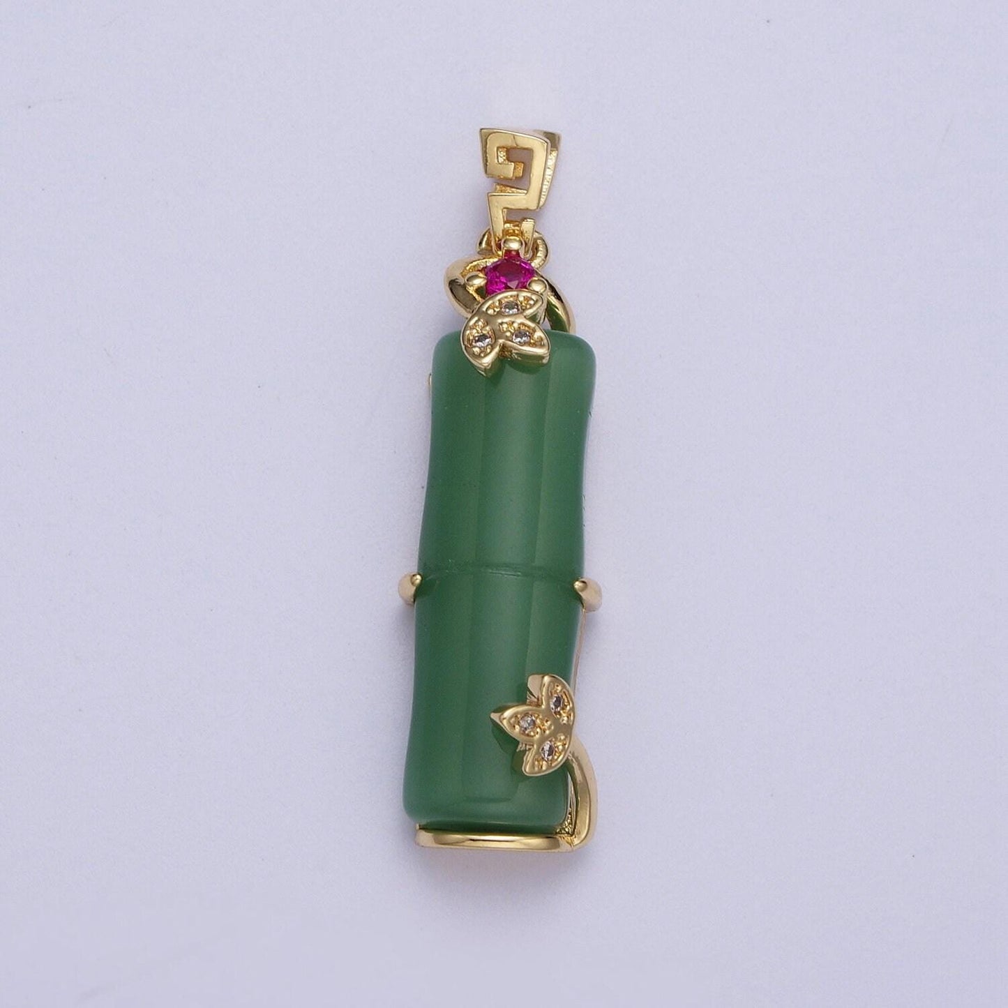 Gold green bamboo pendant, 24k gold plated micro paved cz unique bail bamboo leaf charm | x-676