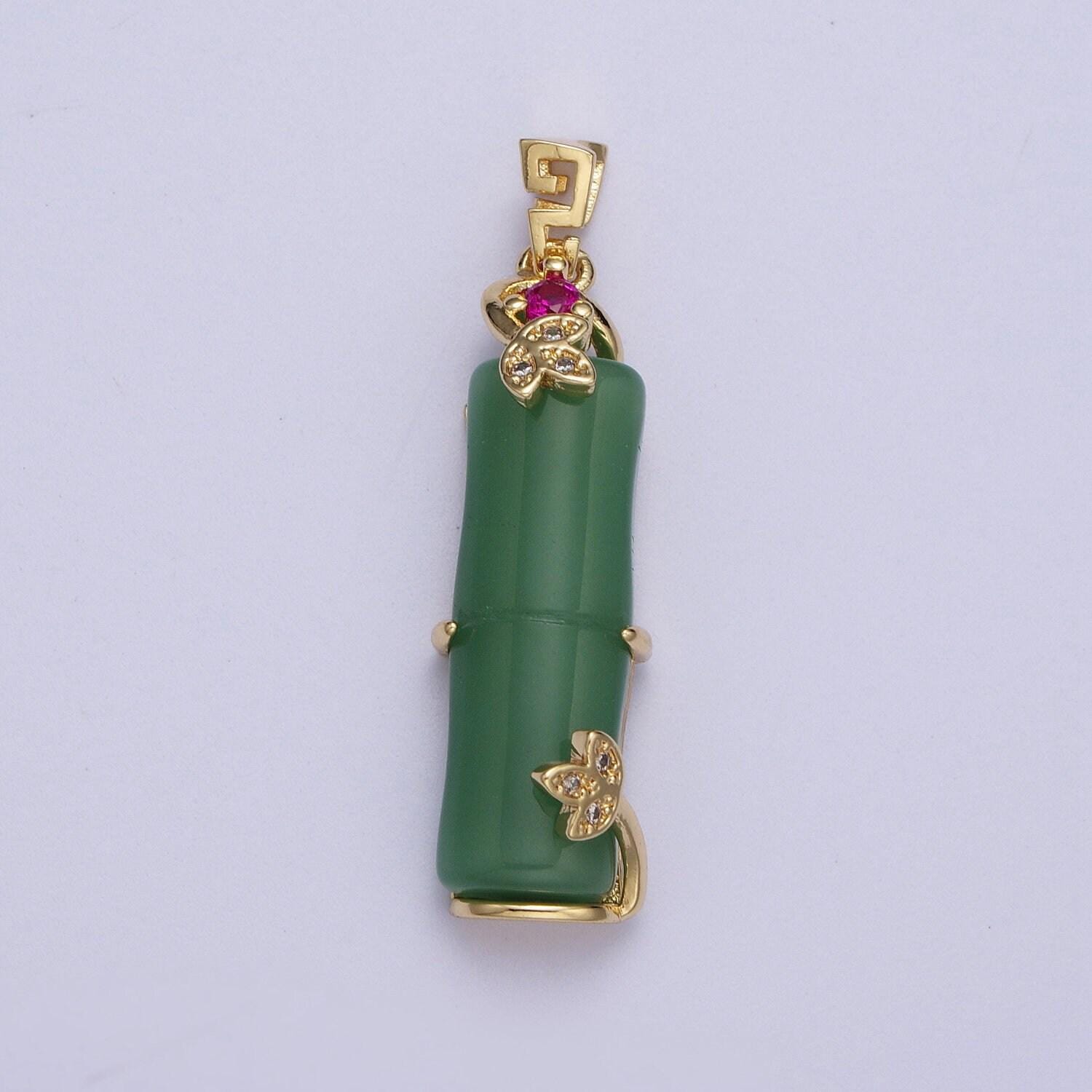 Gold green bamboo pendant, 24k gold plated micro paved cz unique bail bamboo leaf charm | x-676