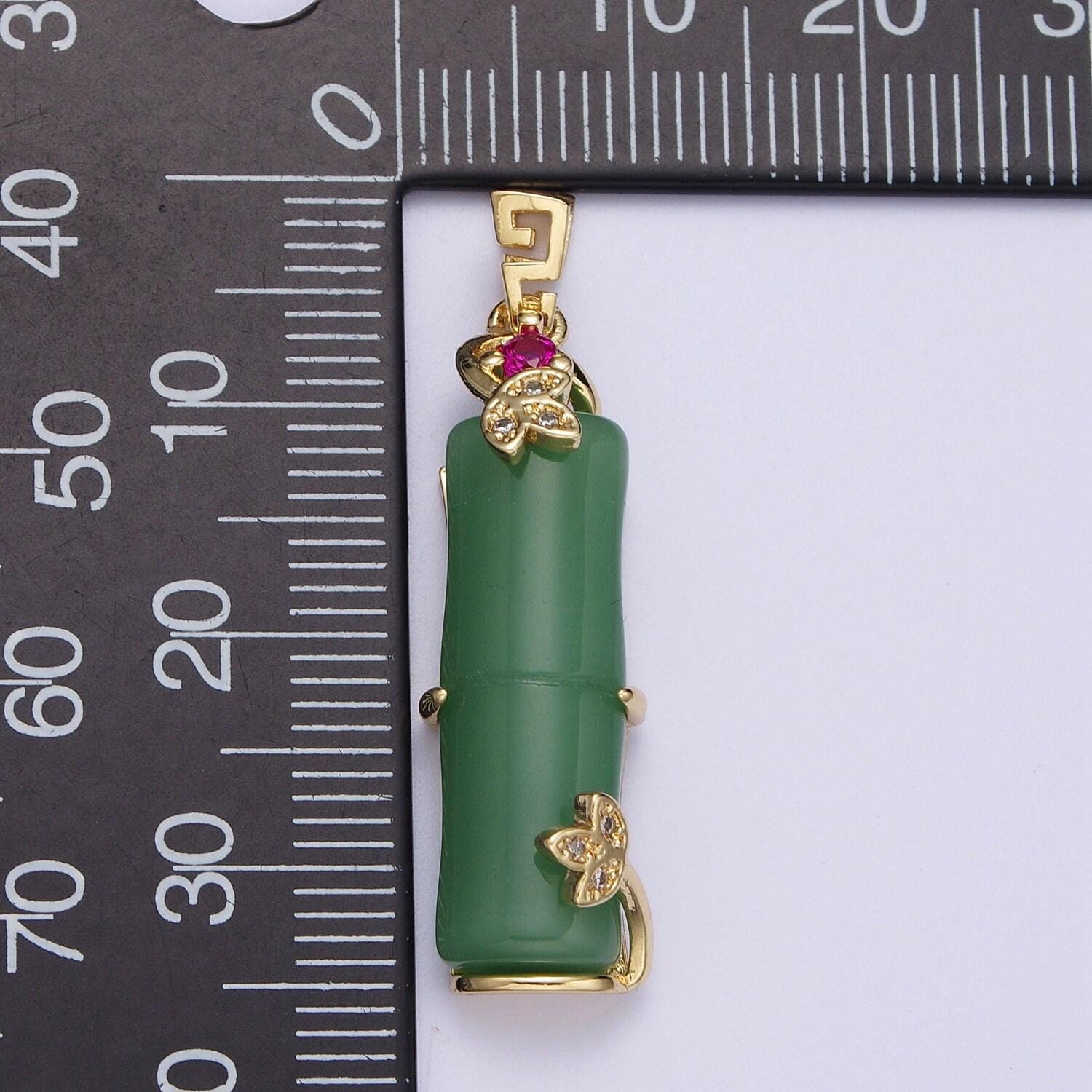 Gold green bamboo pendant, 24k gold plated micro paved cz unique bail bamboo leaf charm | x-676