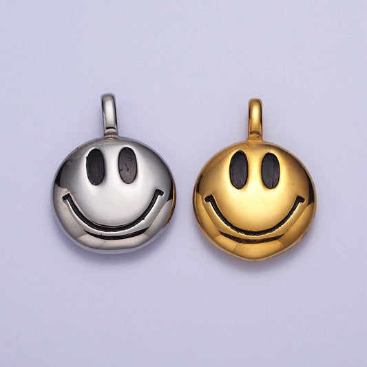 Round emoticon face stainless steel charm pendant in gold & silver happy face pendant | x661 x662
