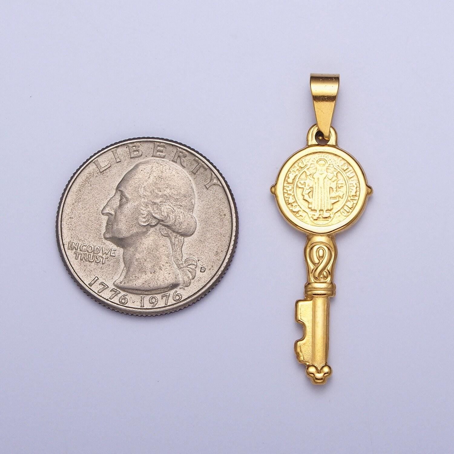 Gold st. benedict key pendant, 24k gold filled embossed san benito simple key charm | x-647
