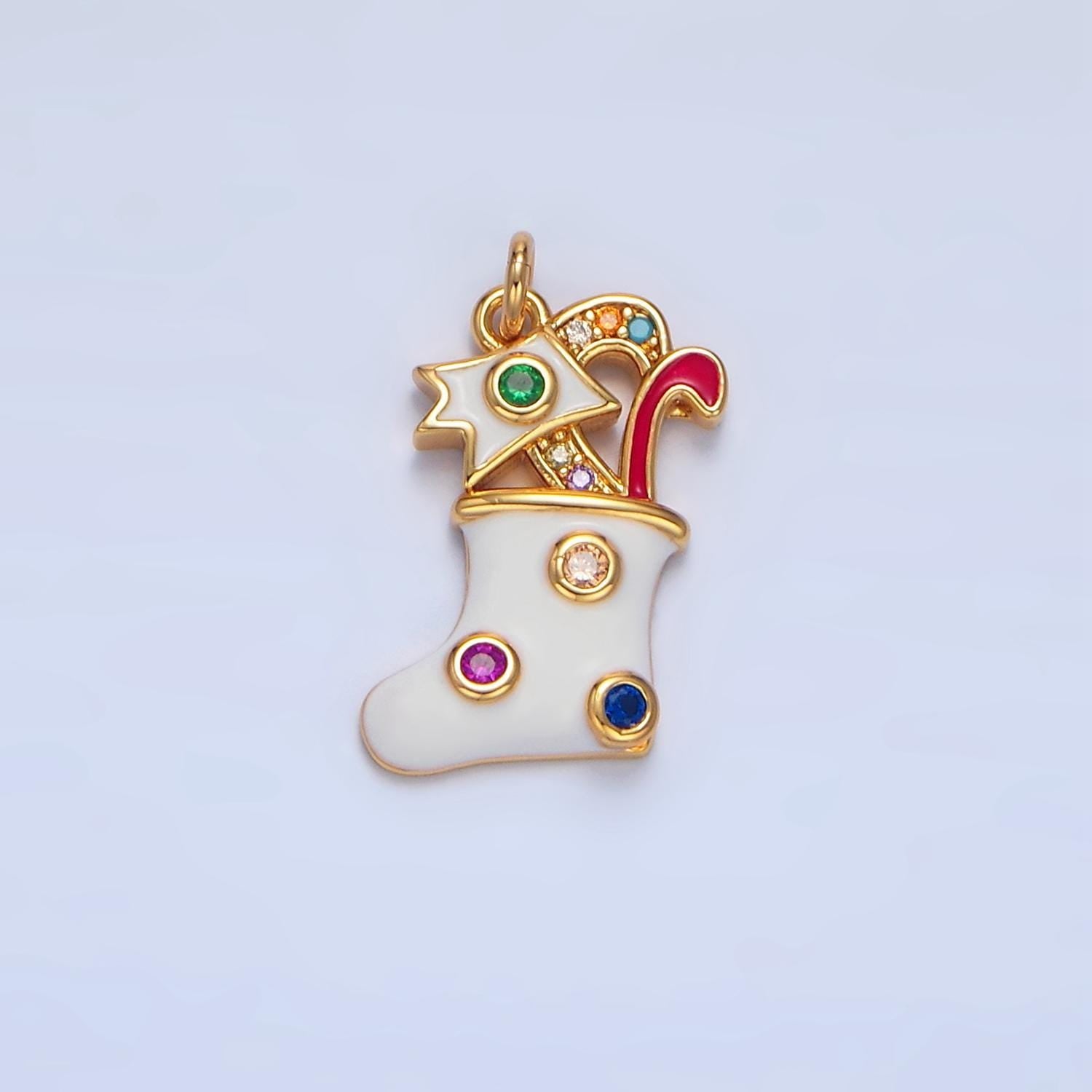 White christmas stocking mixture of cz colors gold filled enamel charm | x-622