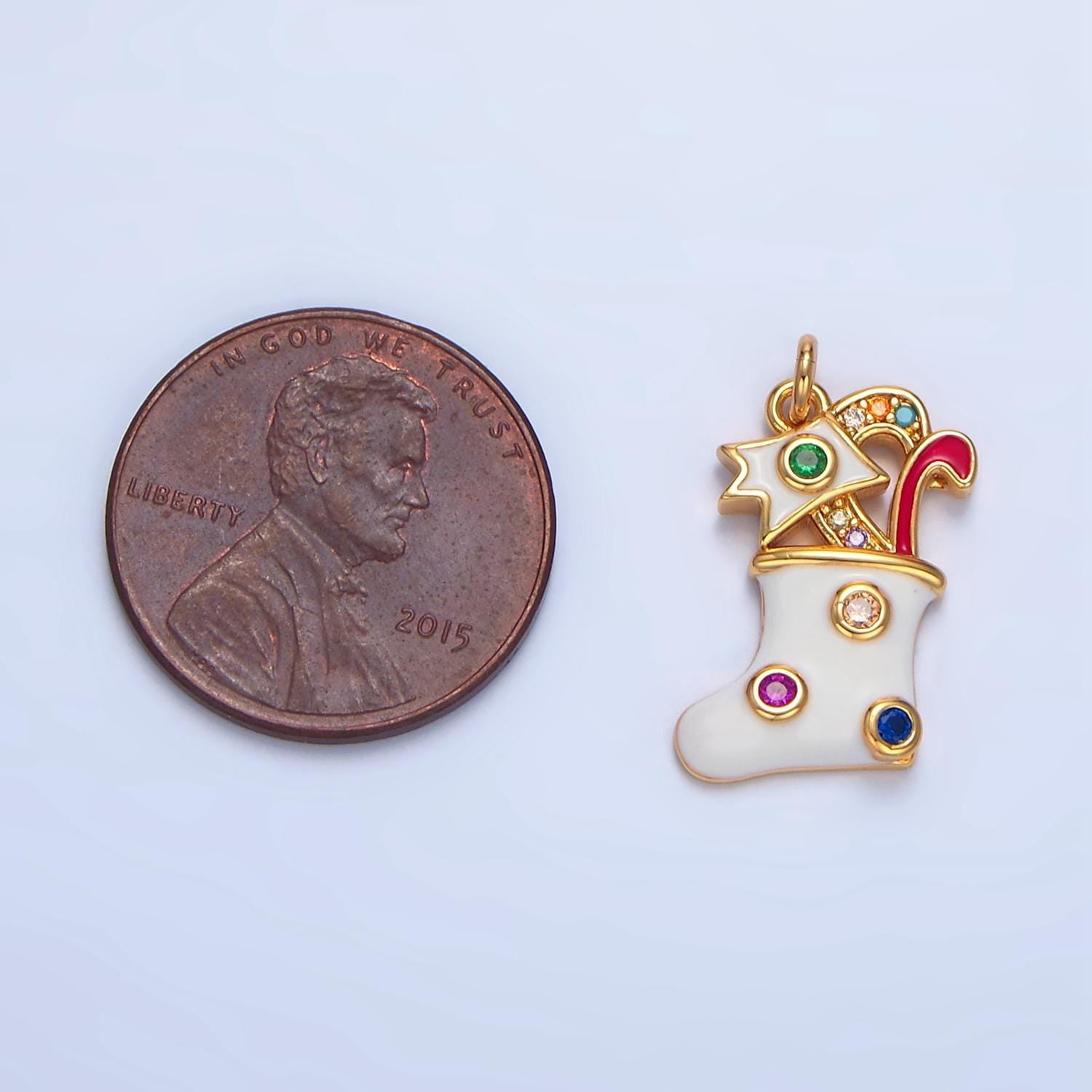 White christmas stocking mixture of cz colors gold filled enamel charm | x-622