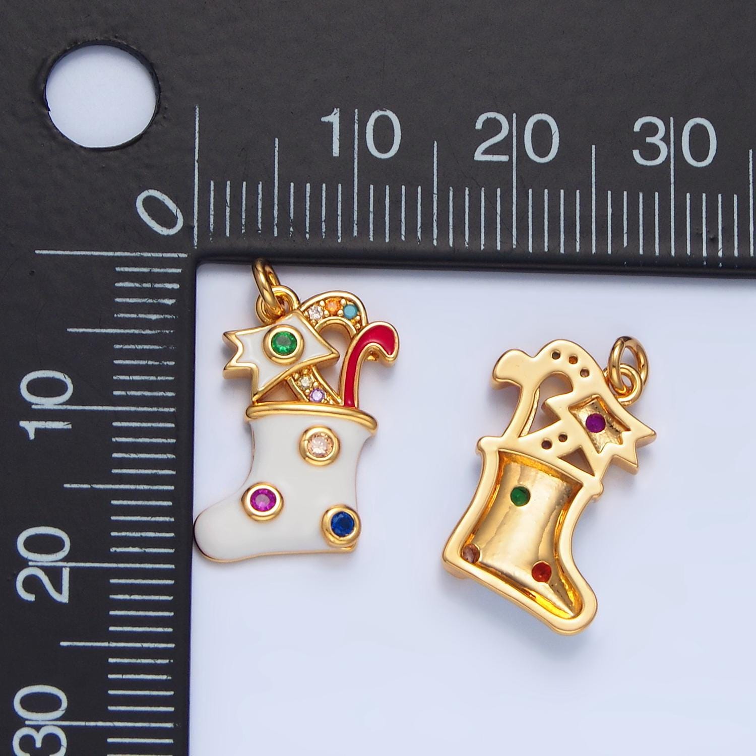 White christmas stocking mixture of cz colors gold filled enamel charm | x-622