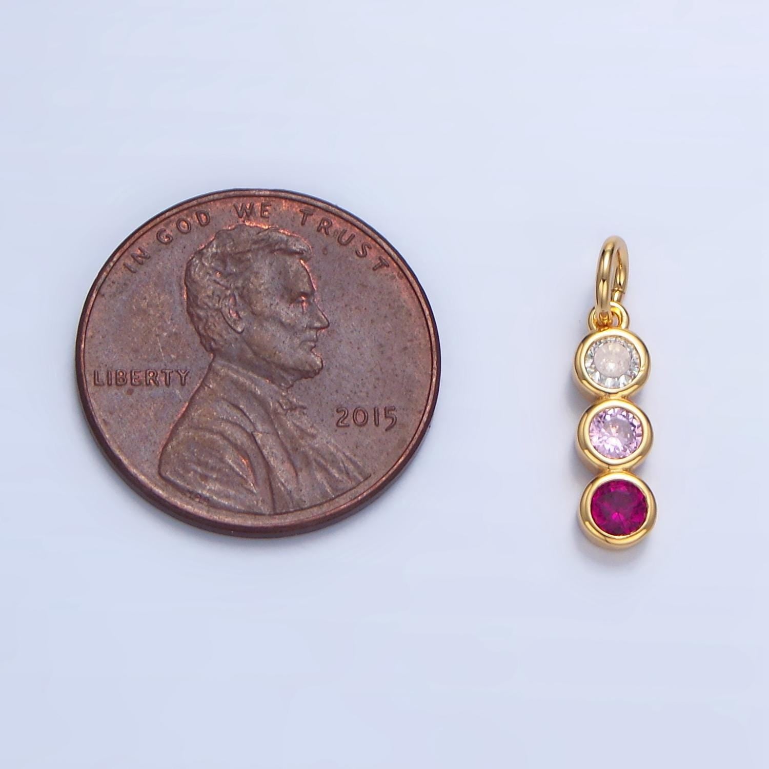 Pink round cz triple linear 24k gold filled charm | x-616
