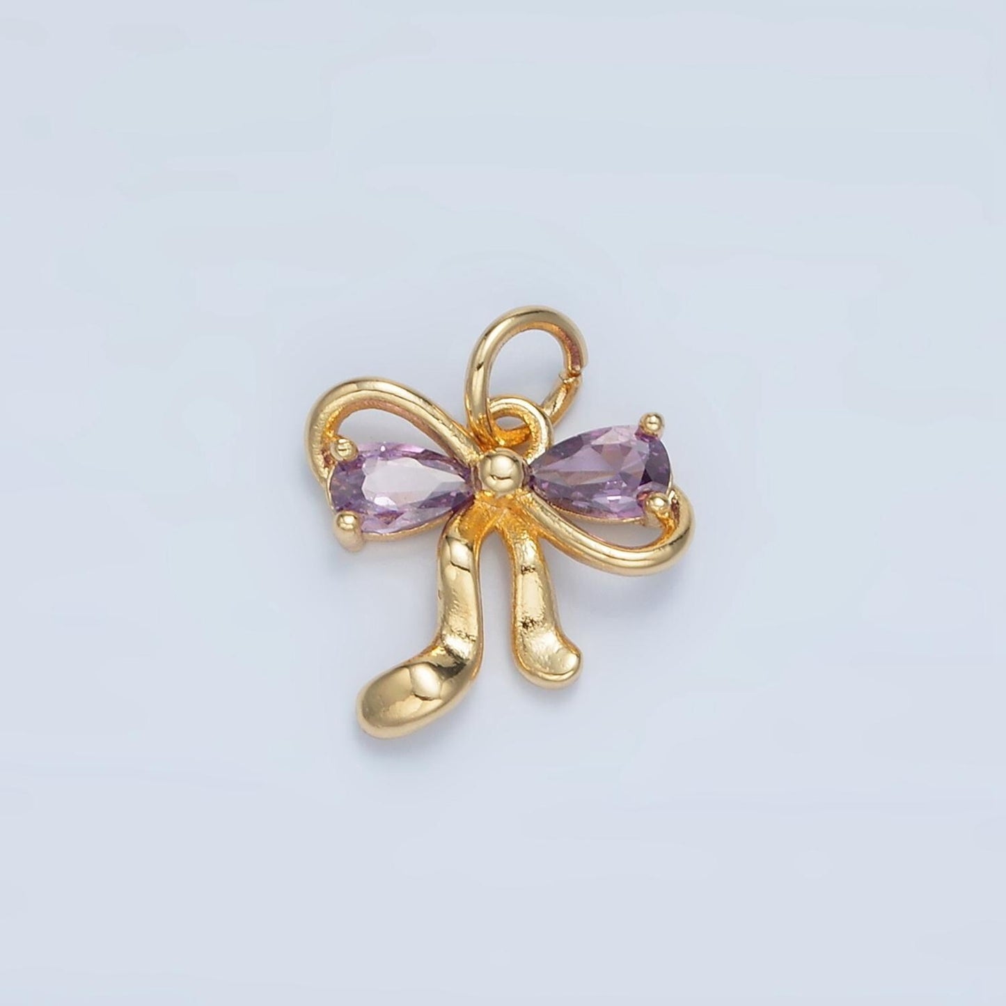 Clear, purple, peach and pink cz double loop mini ribbon bow gold filled charm | x-563