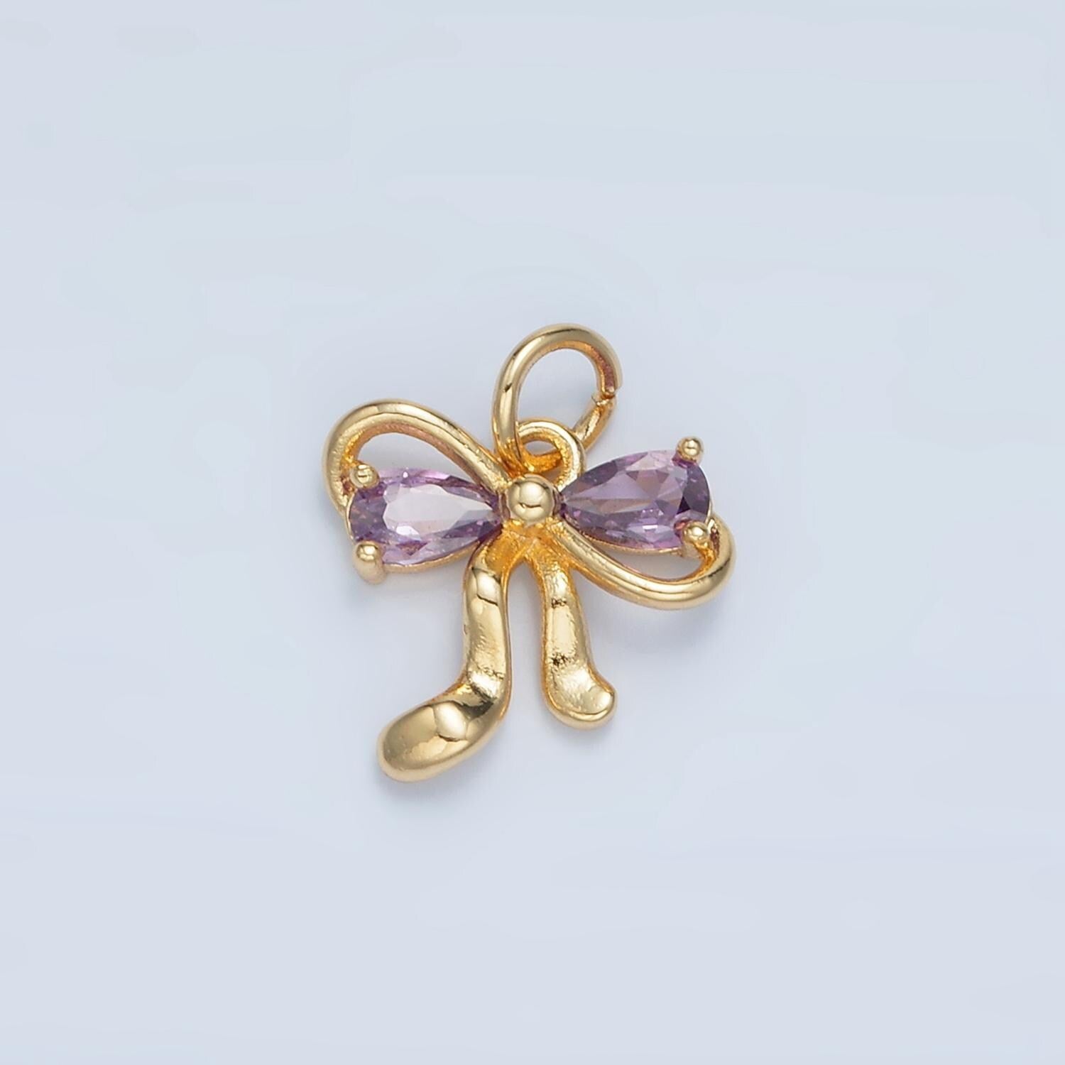 Clear, purple, peach and pink cz double loop mini ribbon bow gold filled charm | x-563