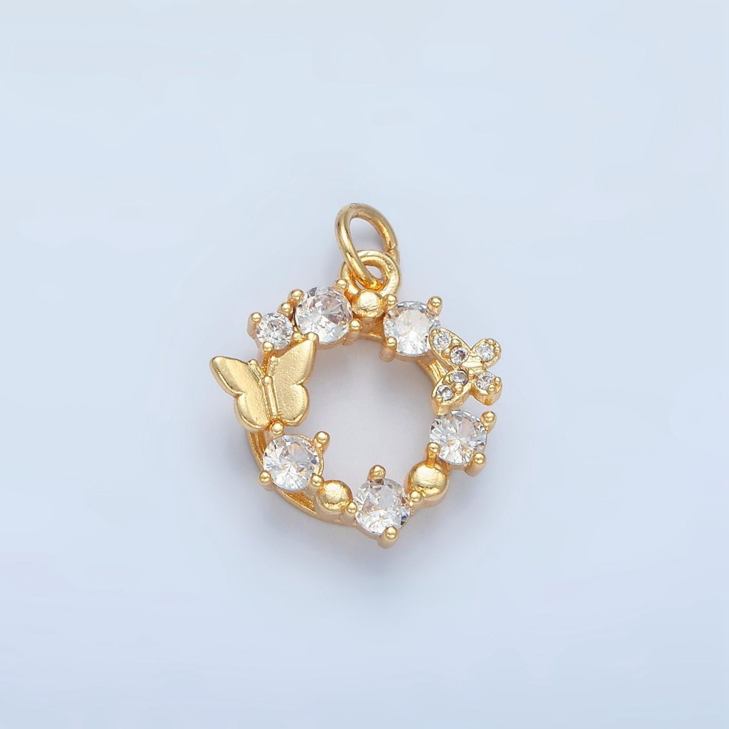 Mini butterfly & round cz paved wreath 24k gold filled open charm | x-561
