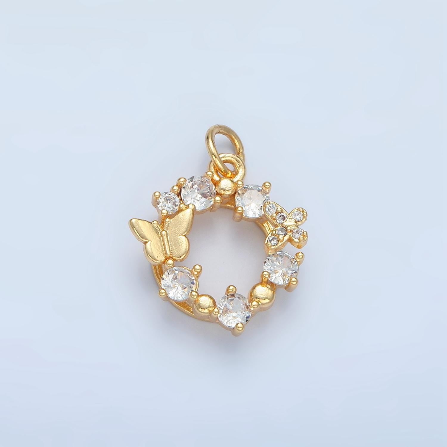 Mini butterfly & round cz paved wreath 24k gold filled open charm | x-561