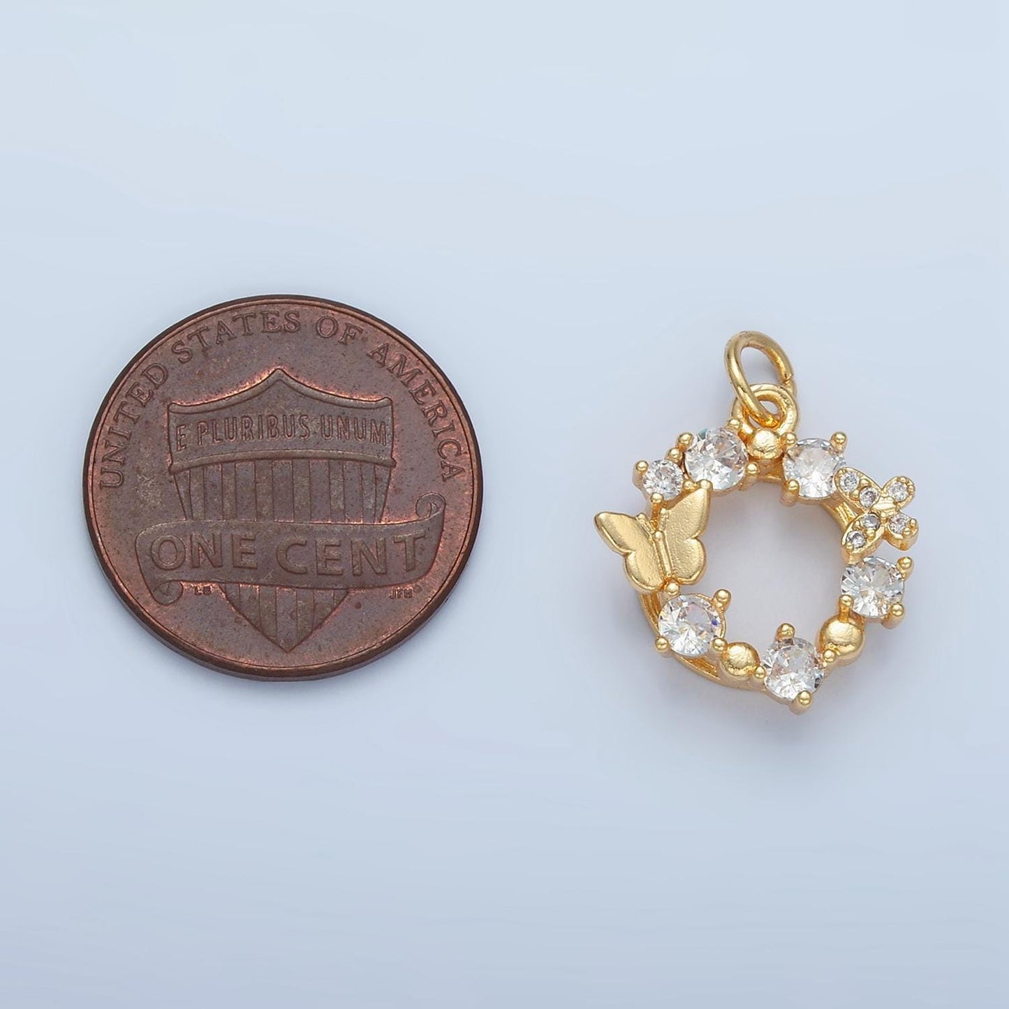 Mini butterfly & round cz paved wreath 24k gold filled open charm | x-561