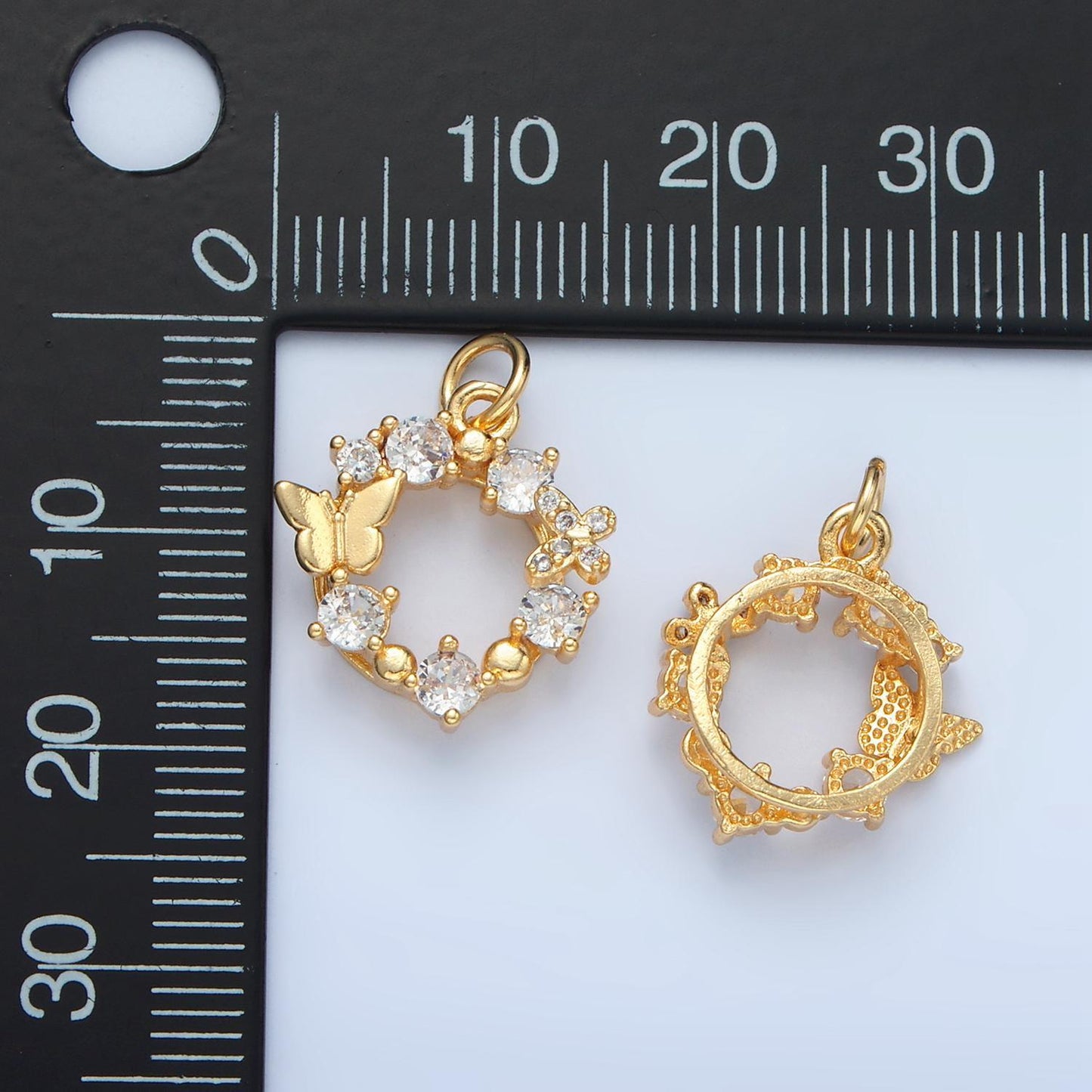 Mini butterfly & round cz paved wreath 24k gold filled open charm | x-561