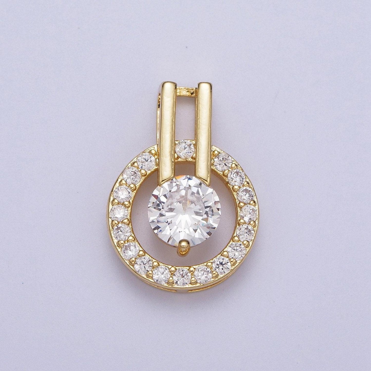 Round gold cz cubic zirconia double bar bail pendant, 24k gold plated micro paved clear cz double circles charm | x-546