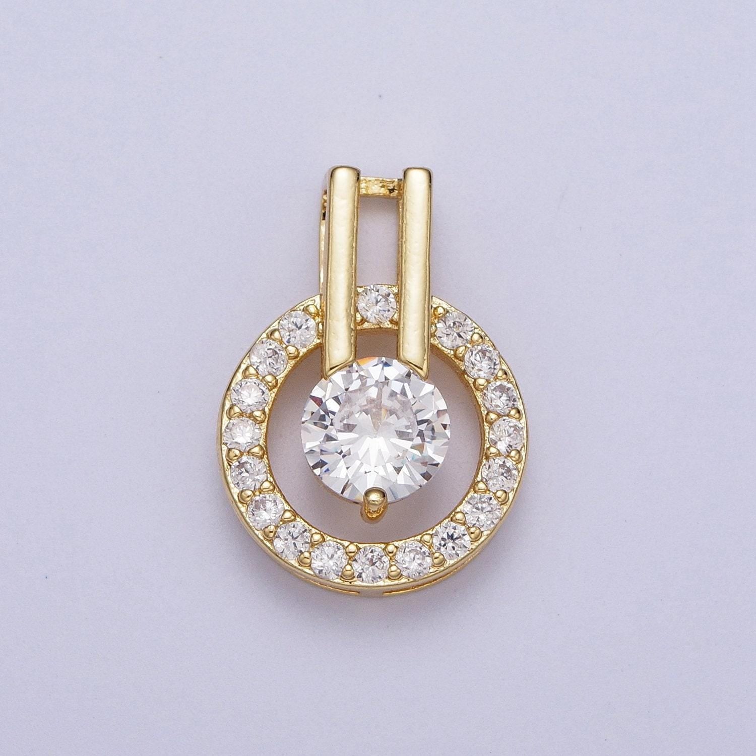 Round gold cz cubic zirconia double bar bail pendant, 24k gold plated micro paved clear cz double circles charm | x-546