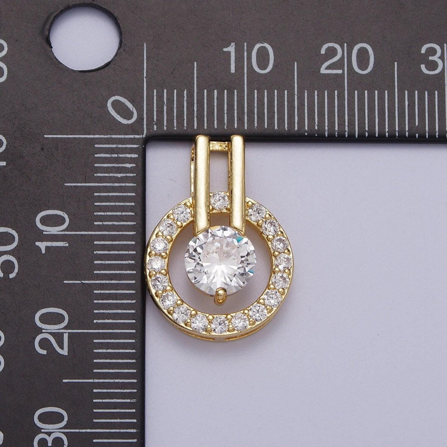 Round gold cz cubic zirconia double bar bail pendant, 24k gold plated micro paved clear cz double circles charm | x-546
