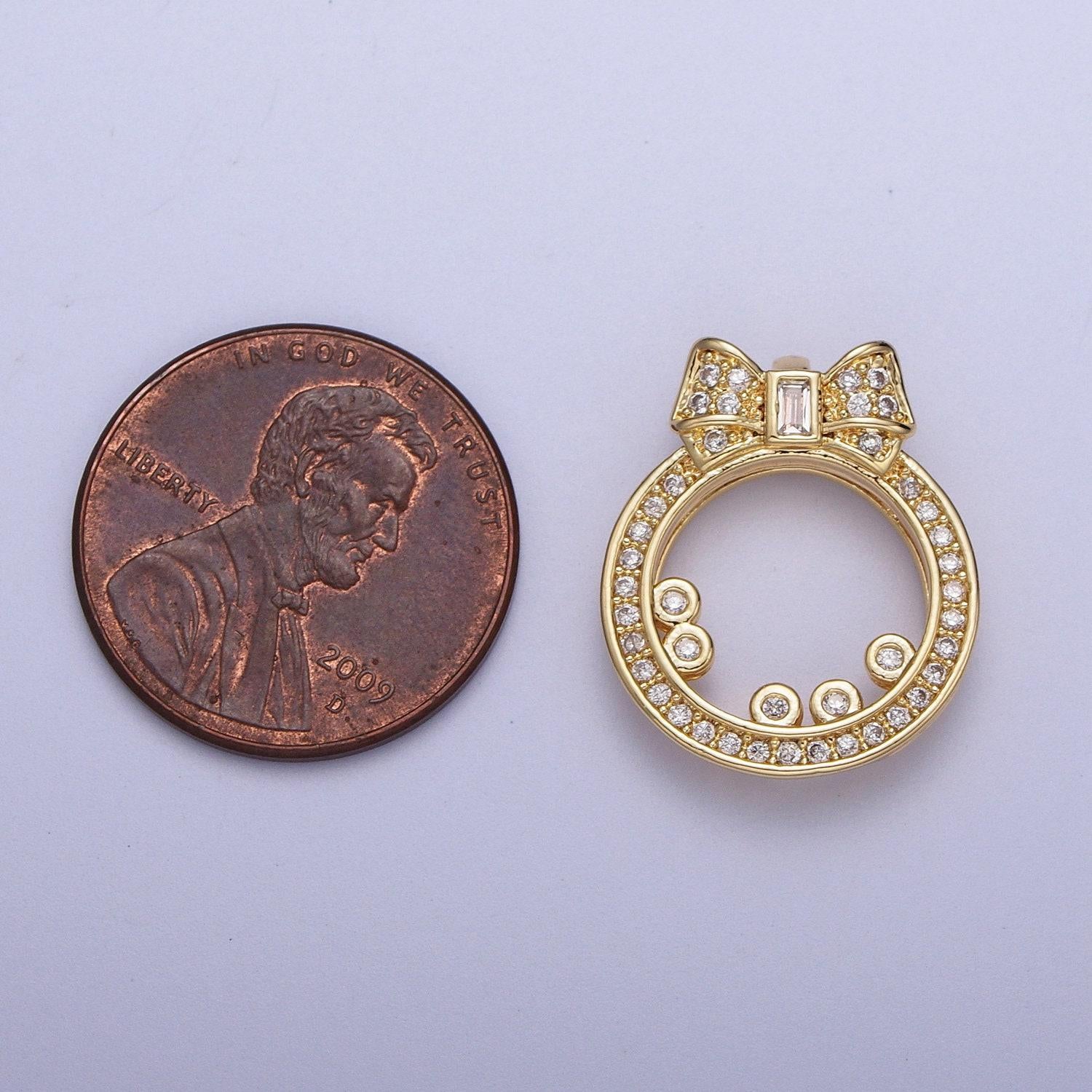 Gold cz open round baguette ribbon pendant, 24k gold plated circle round charm w. clear micro paved cz bow charm | x-543