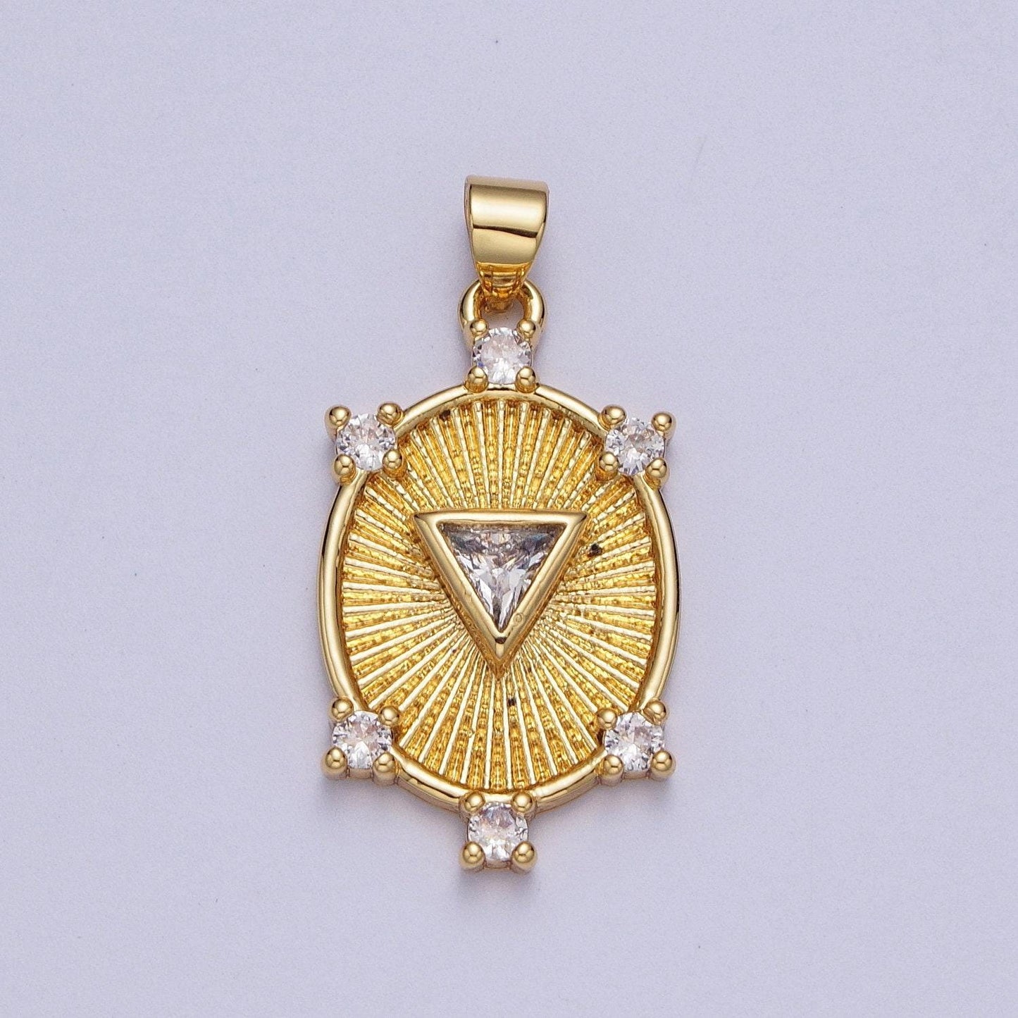 Gold cz sunburst oval pendant, 24k gold clear micro paved triangle cut center cz sunburst shining patterned oval medallion charm | x-540