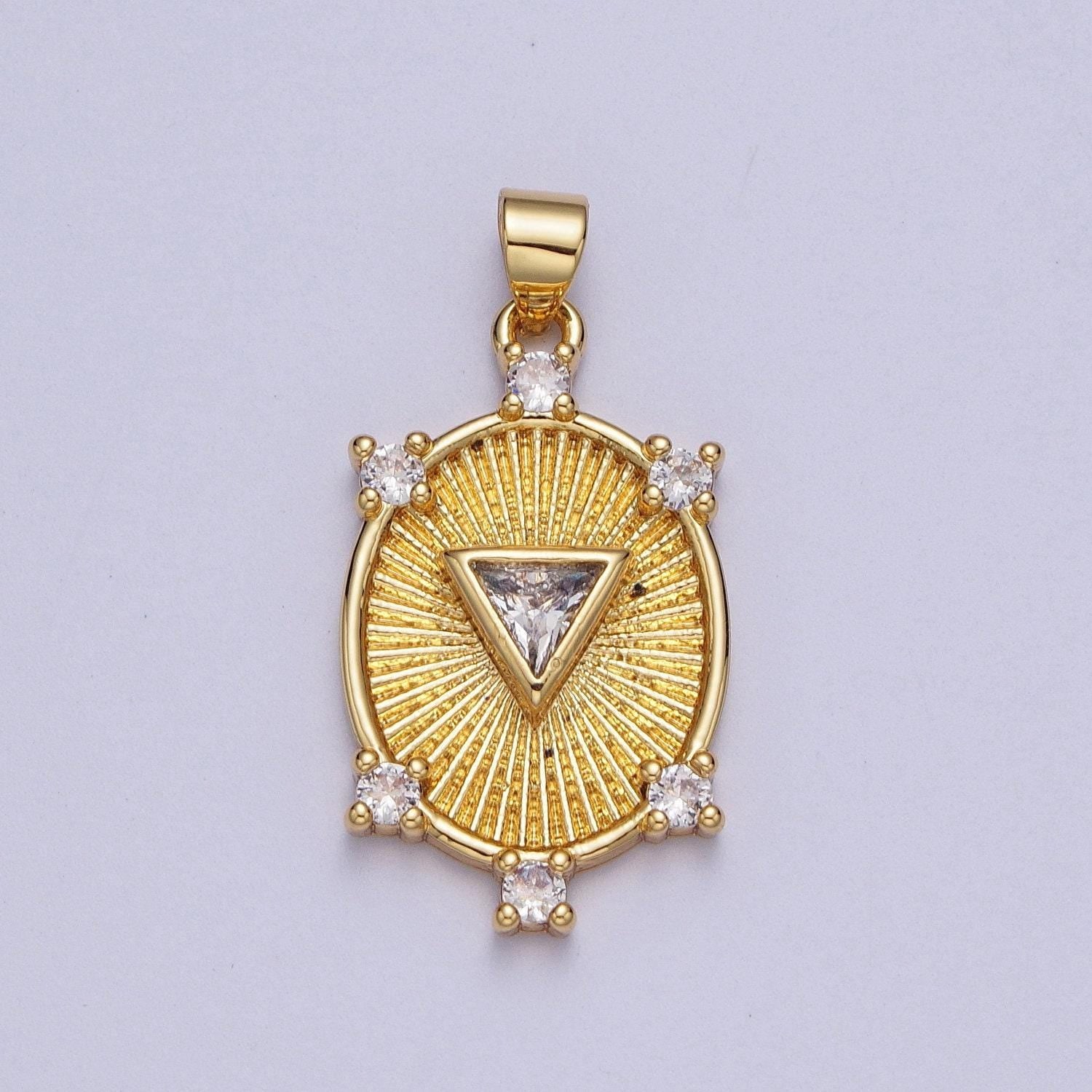 Gold cz sunburst oval pendant, 24k gold clear micro paved triangle cut center cz sunburst shining patterned oval medallion charm | x-540