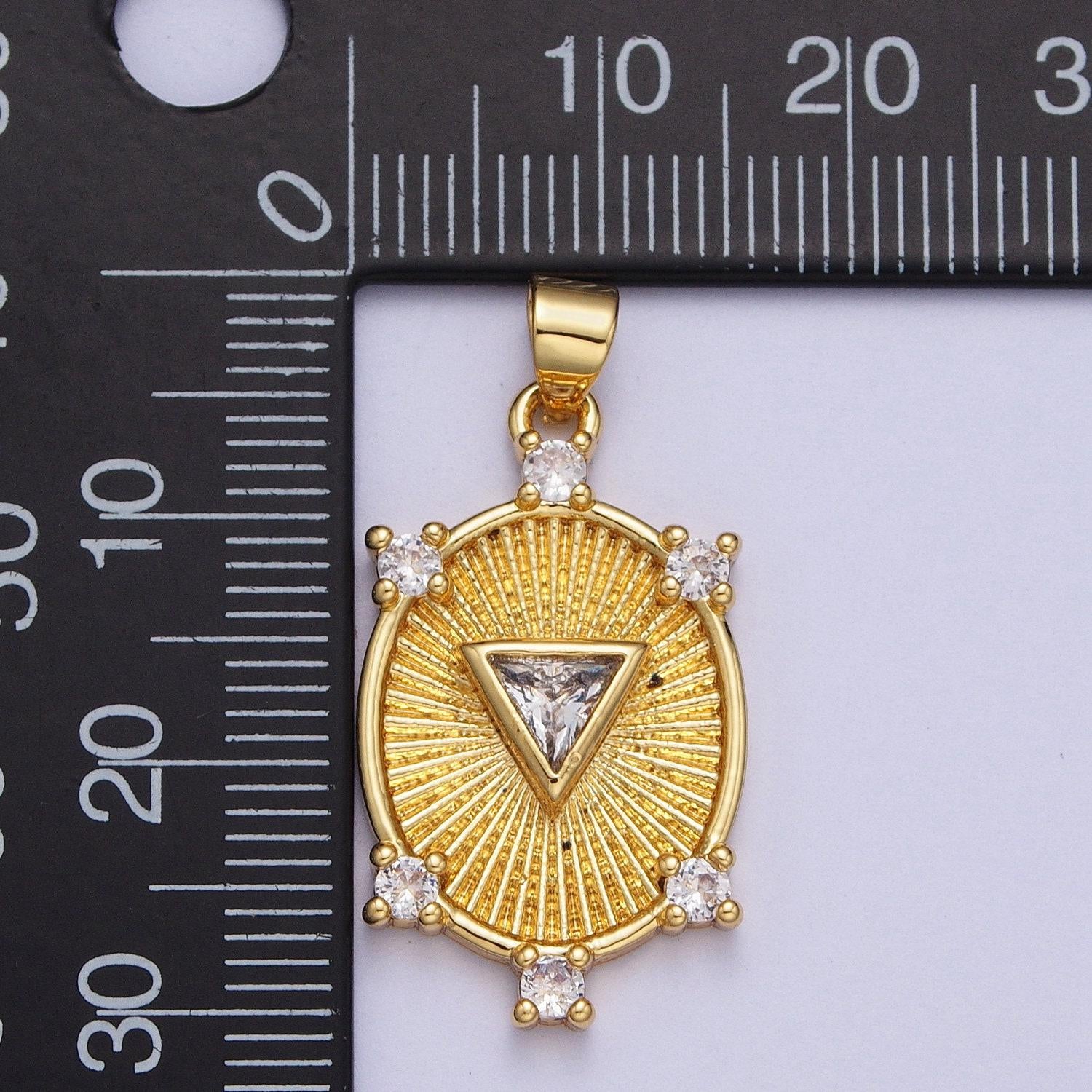 Gold cz sunburst oval pendant, 24k gold clear micro paved triangle cut center cz sunburst shining patterned oval medallion charm | x-540