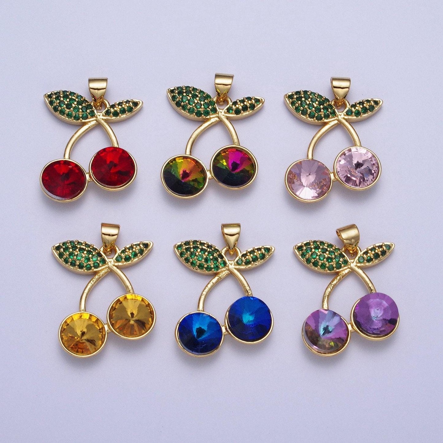 24k gold filled cherry pendant micro cubic zirconia cz pave stones, multicolor fruit charm for diy jewelry making | x-409~x-414, x-530
