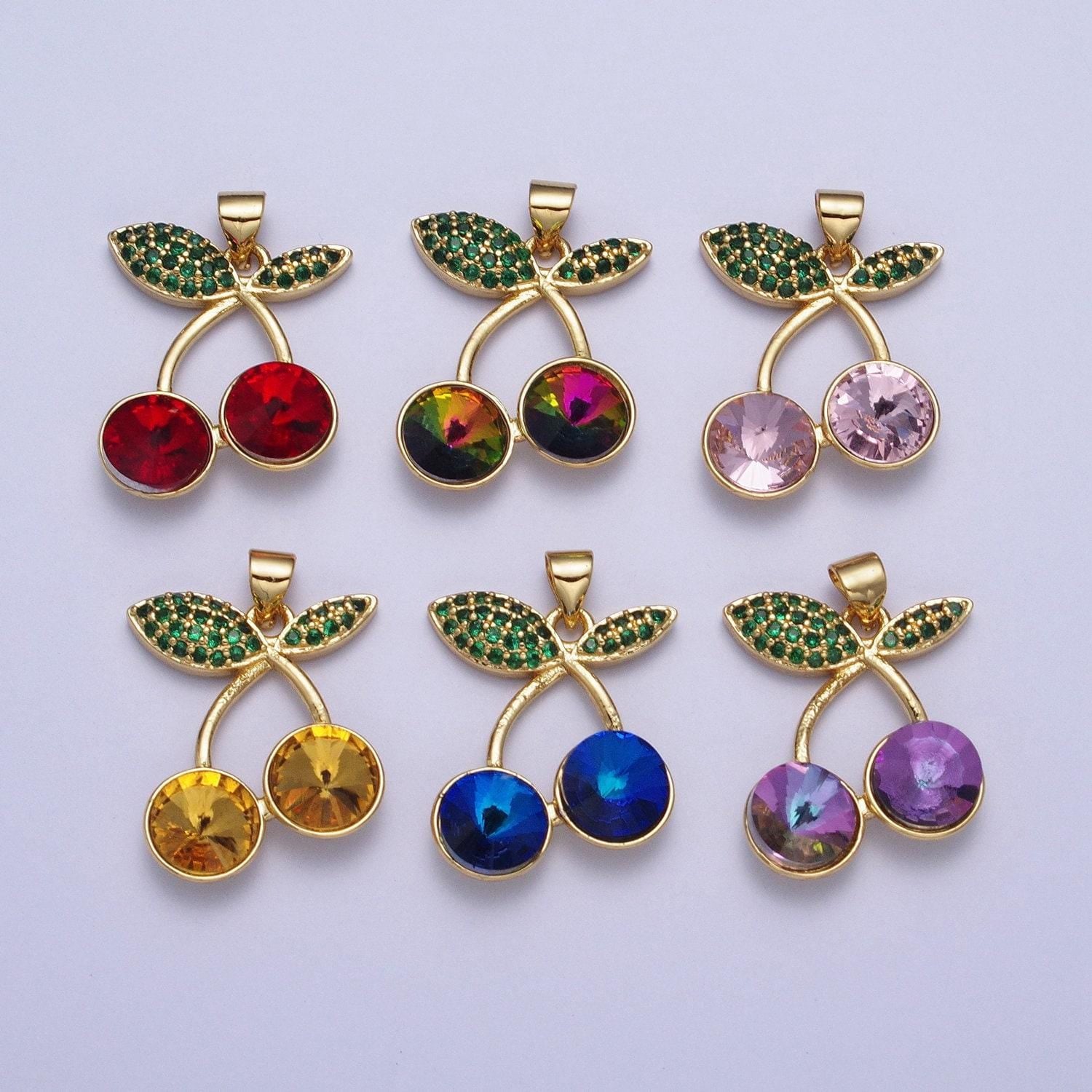 24k gold filled cherry pendant micro cubic zirconia cz pave stones, multicolor fruit charm for diy jewelry making | x-409~x-414, x-530