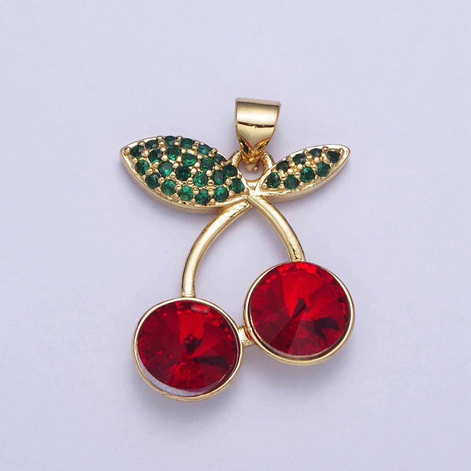 24k gold filled cherry pendant micro cubic zirconia cz pave stones, multicolor fruit charm for diy jewelry making | x-409~x-414, x-530