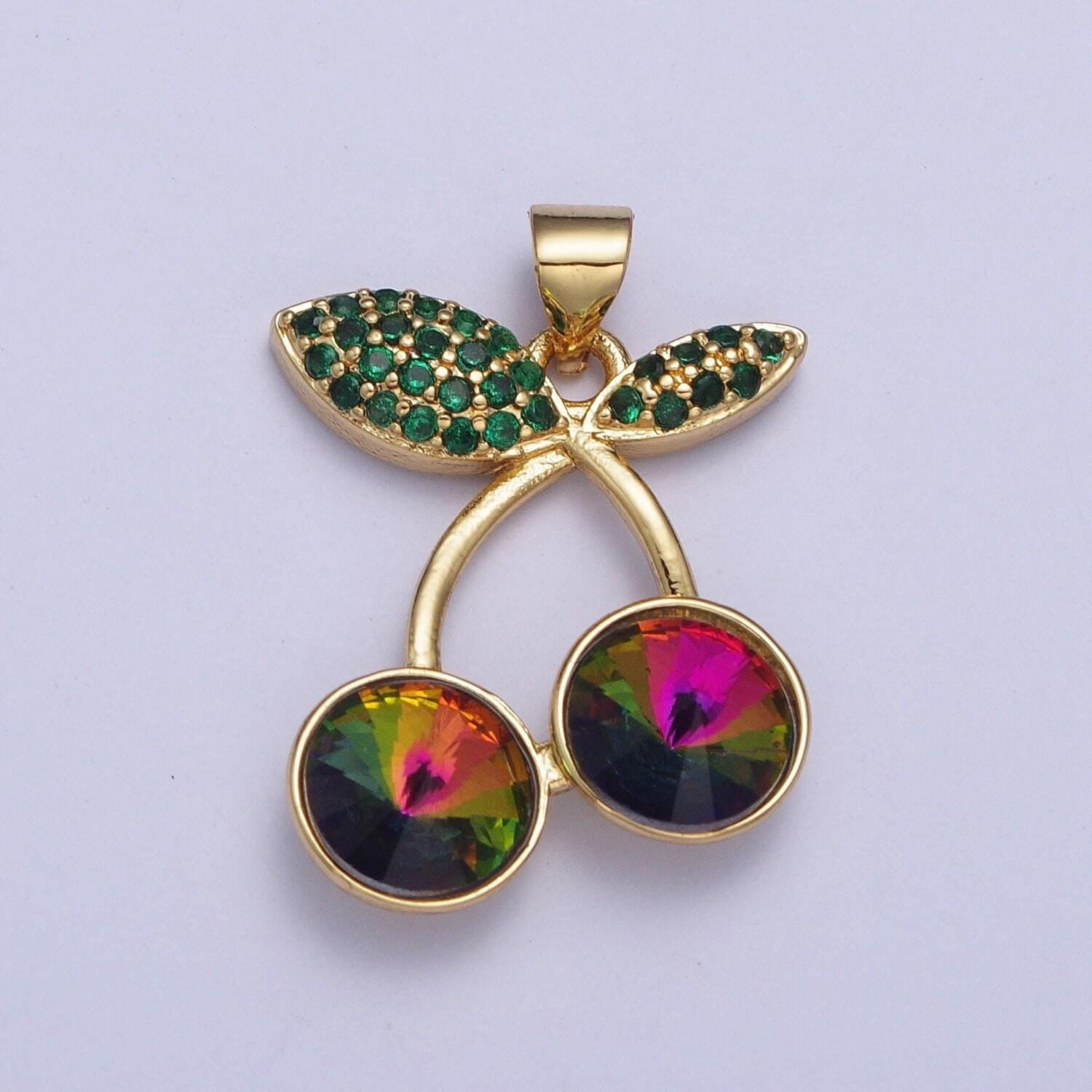 24k gold filled cherry pendant micro cubic zirconia cz pave stones, multicolor fruit charm for diy jewelry making | x-409~x-414, x-530