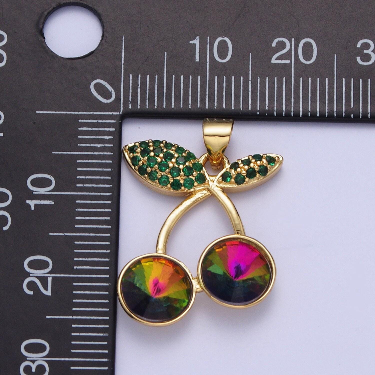 24k gold filled cherry pendant micro cubic zirconia cz pave stones, multicolor fruit charm for diy jewelry making | x-409~x-414, x-530