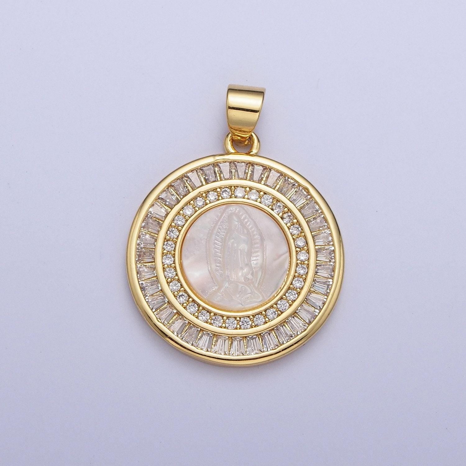Virgin mary medallion pearl charms, 24k gold plated our lady of guadalupe pearl coin pendant w. micro pave cz baguette stones | x-507, x-508