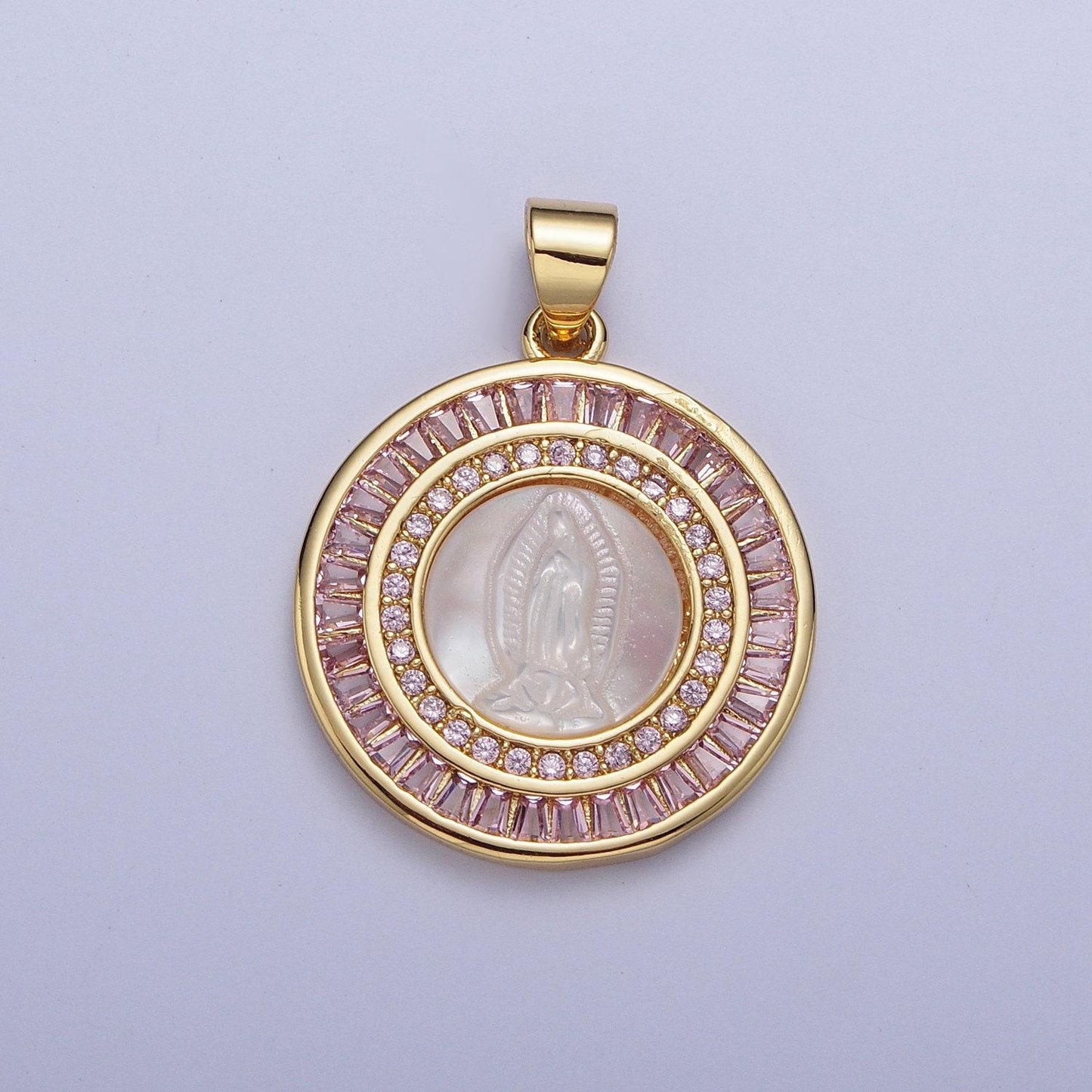 Virgin mary medallion pearl charms, 24k gold plated our lady of guadalupe pearl coin pendant w. micro pave cz baguette stones | x-507, x-508