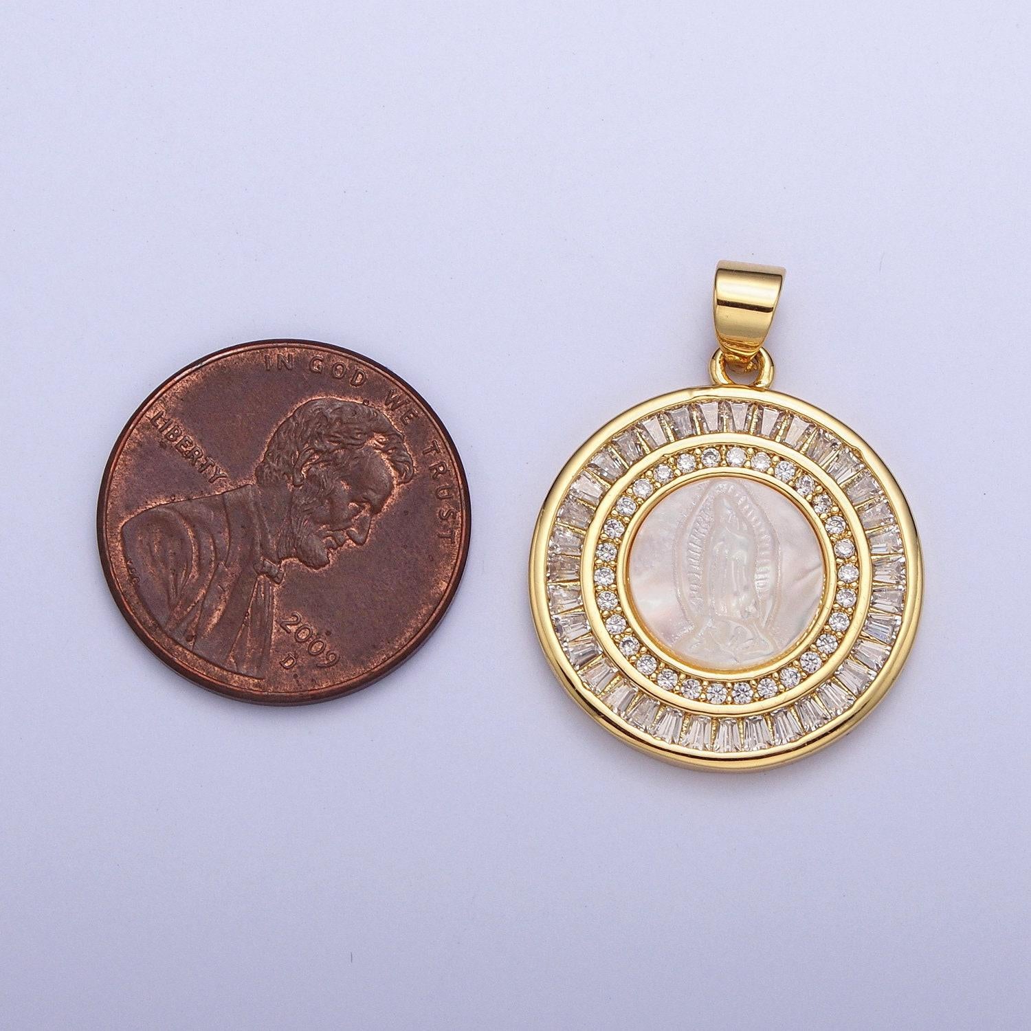 Virgin mary medallion pearl charms, 24k gold plated our lady of guadalupe pearl coin pendant w. micro pave cz baguette stones | x-507, x-508